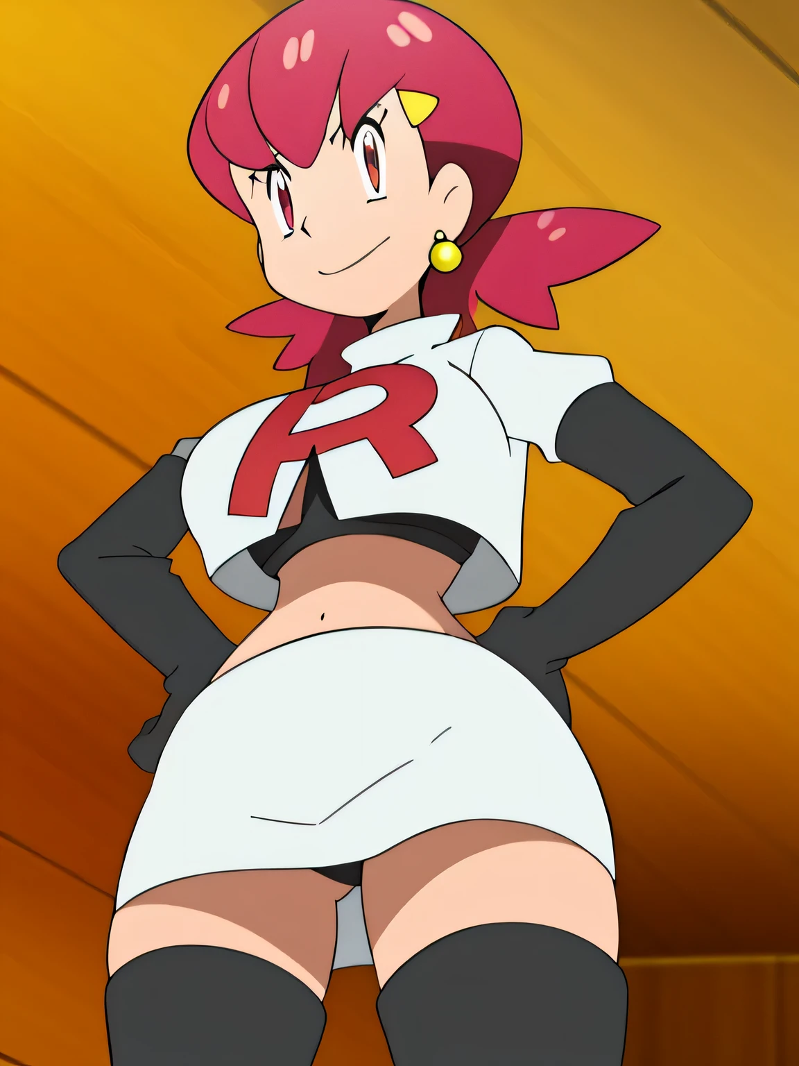 defwhitney,hair ornaments,earrings,glossy lips,8k, masterpiece,highres,very large breast, team rocket uniform, red letter r, white skirt,white crop top,black thigh-high boots, black elbow gloves, seductive smile, looking down at viewer, hands on hips, cowboy shot, zettai ryouiki,from below, black panties,anime style, vivid colors, sharp focus, intense lighting,