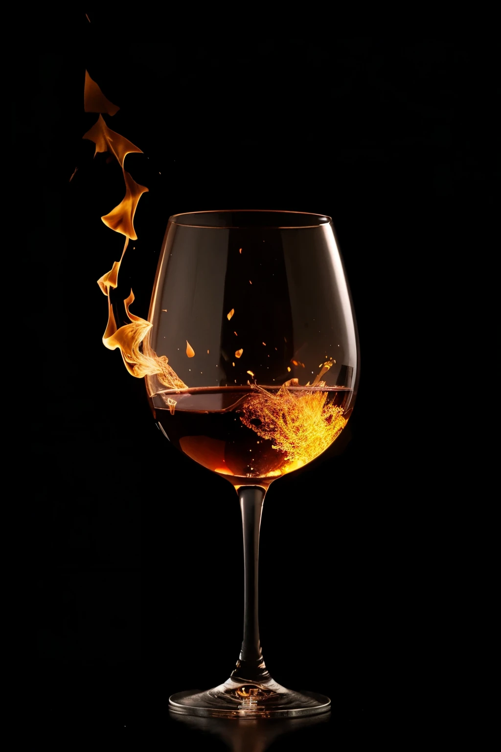 glass of wine on fire in black background and without people
