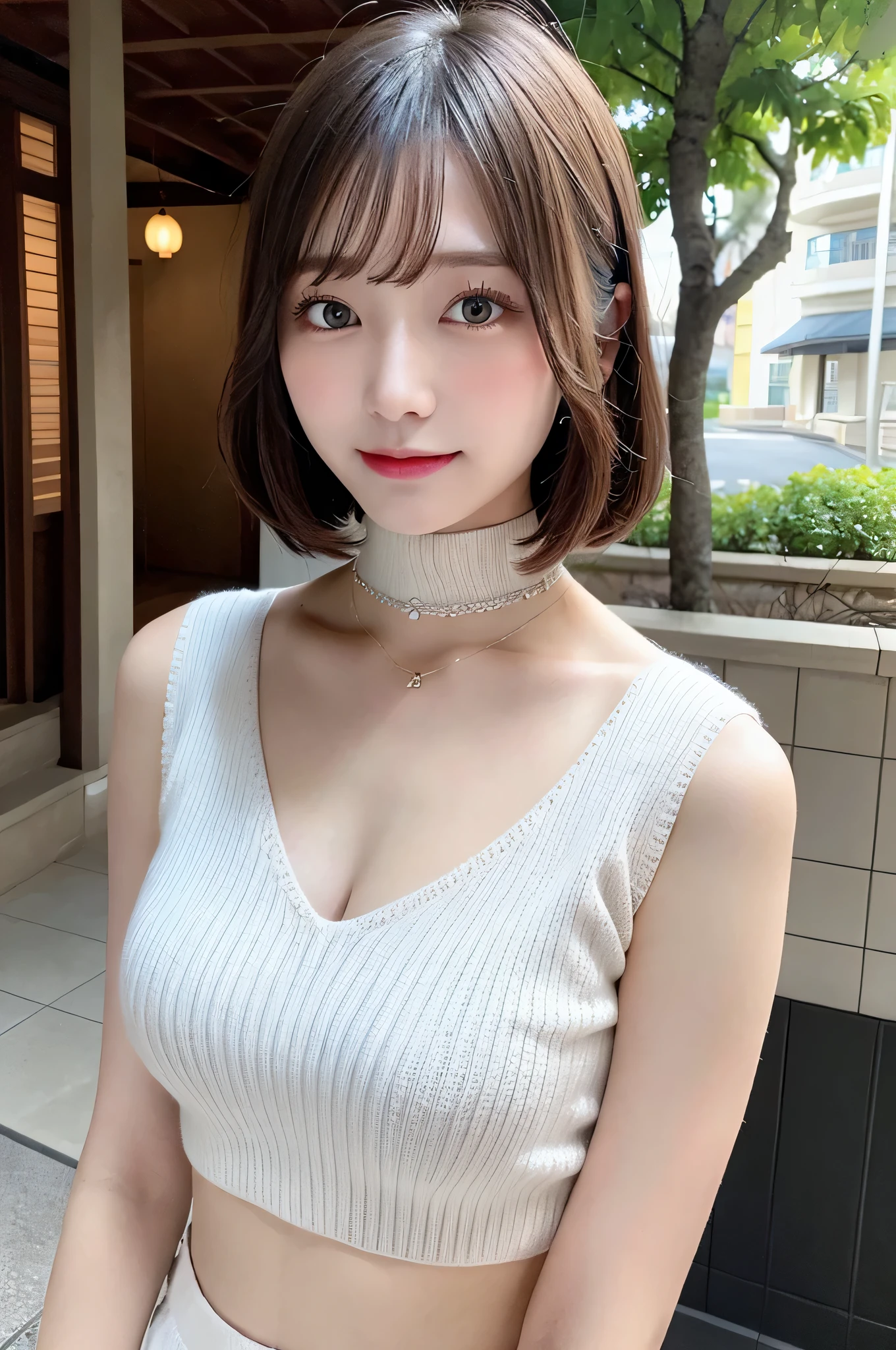 masutepiece, Best Quality, Photorealsitic, finely detail, hight resolution, 8K Wallpapers, Perfect dynamic composition, Beautiful detailed eyes, Medium Hair, large full breasts, Random and sexy poses,Bring your chest together、(Open Chest Crop Tank Top Knitwear Clear Clave,red)、(Breast bulge 1.2)、A smile、open open mouth、Resort scenery、25-years old、(Drooping eyes 1.4)、 Beauty、japanes,a choker