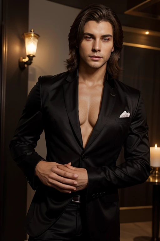 Theodorus Nightshade, a handsome male vampire with piercing golden eyes and a charming aura. His luscious brown hair cascades down his shoulders, adding to his allure. Theodorus is the enigmatic owner of "Moonlight Haven," a prestigious night club nestled in the heart of the city. With his impeccable sense of style and mysterious charisma, he effortlessly commands attention wherever he goes. create this character