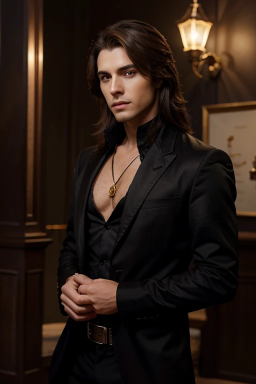 Theodorus Nightshade, a handsome male vampire with piercing golden eyes and a charming aura. His luscious brown hair cascades down his shoulders, adding to his allure. Theodorus is the enigmatic owner of "Moonlight Haven," a prestigious night club nestled in the heart of the city. With his impeccable sense of style and mysterious charisma, he effortlessly commands attention wherever he goes. create this character