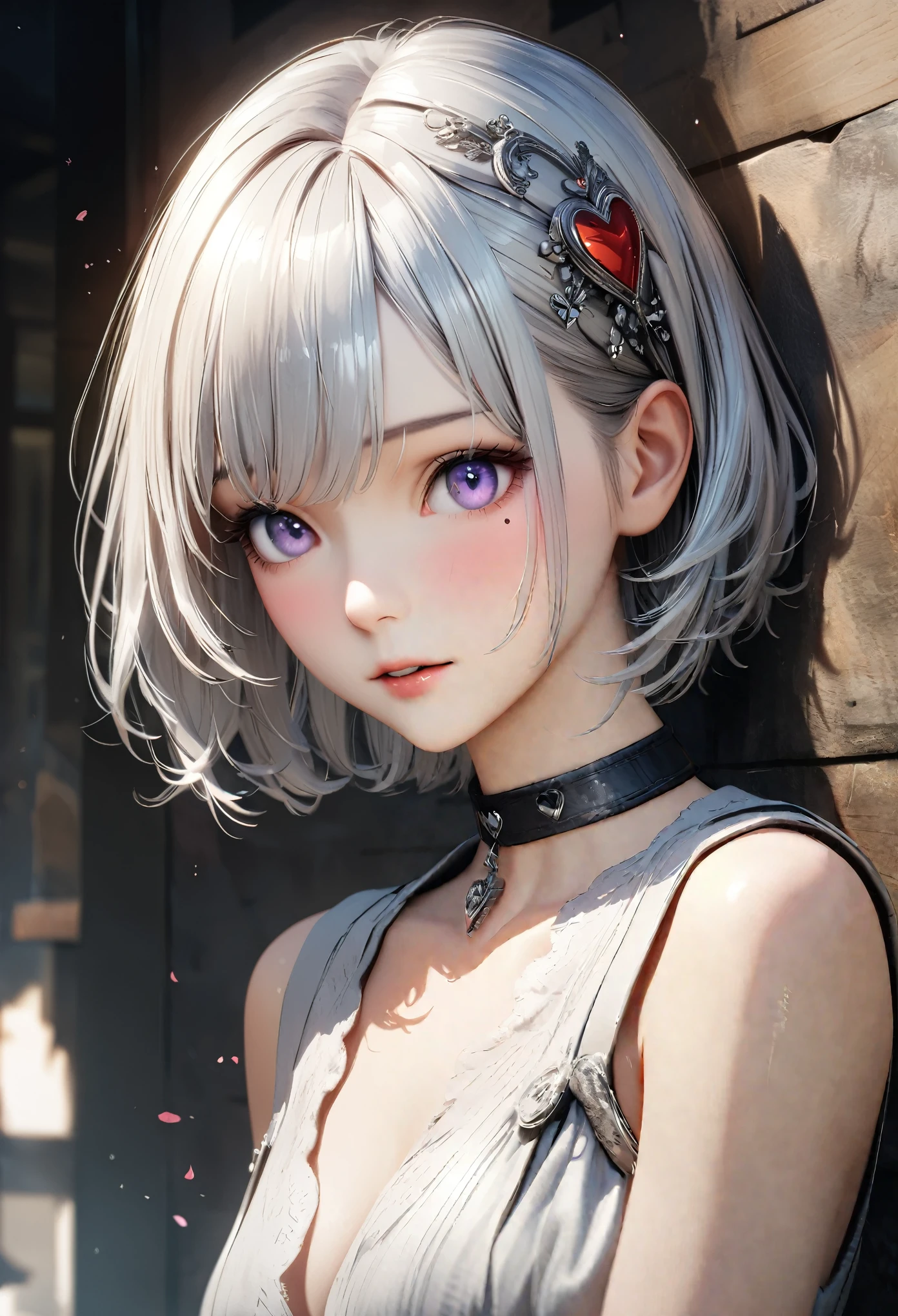 Masterpiece, Best Quality, Super Detailed, High Definition, Expensive Resolution, HDR, 4k, 8K, Unity 8k Wallpaper, Super Detailed CG, Masterpiece, Realistic, 2D, 3D, Beautiful Details, Depth, Fine Texture, Super Fine: 1.3, Complete concentration, crispy skin, him, very cute anime girl, high , expensive silver short hair, one girl, silver short hair, high , mole under the eye, gaze, expensive, blush,, parted Lips, hair ornament, heart, purple eyes, choker