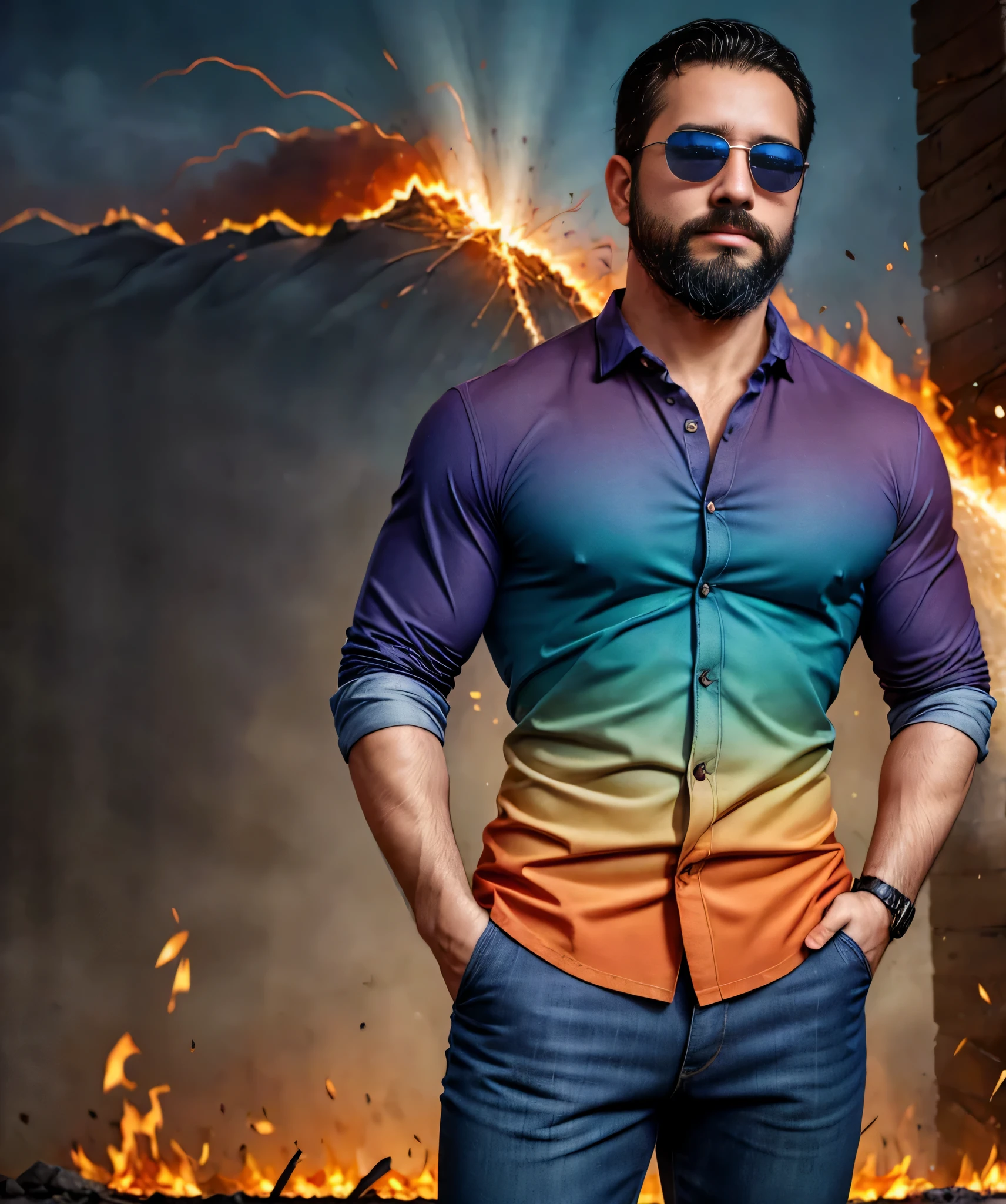 Obra maestra, desenfoque de campo, Parte superior del cuerpo, Hands in pants pockets, 38 year old man with beard and square sunglasses. Man wearing a shirt with a color gradient in an action movie with a firestorm in the background.