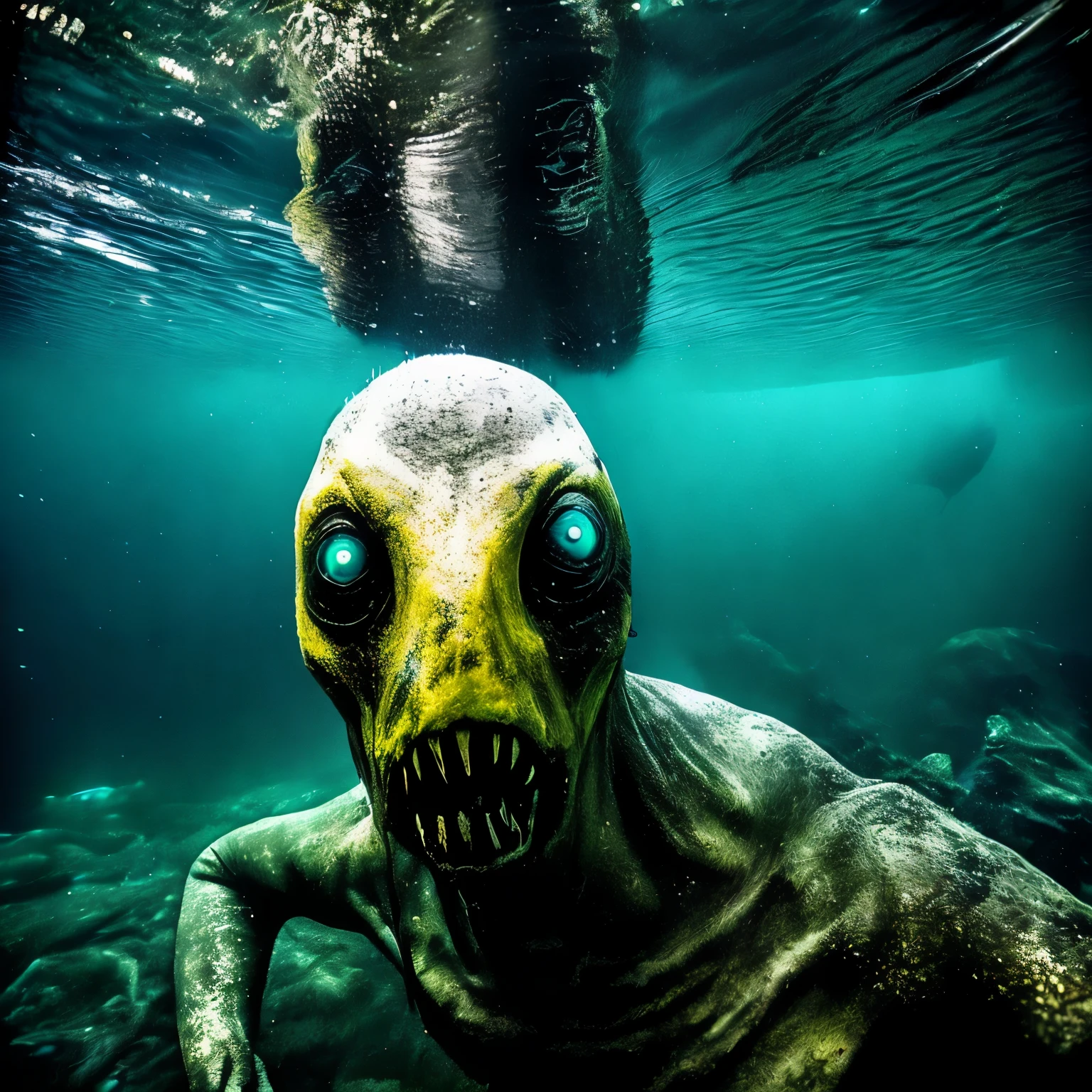 sea monster, pov underwater, visceral, unholy abomination, pale skin, dark yellowish water, foggy water, misty, dark, dramatic,'silent hill ', big eyes, terrifying, horrific, cinematic