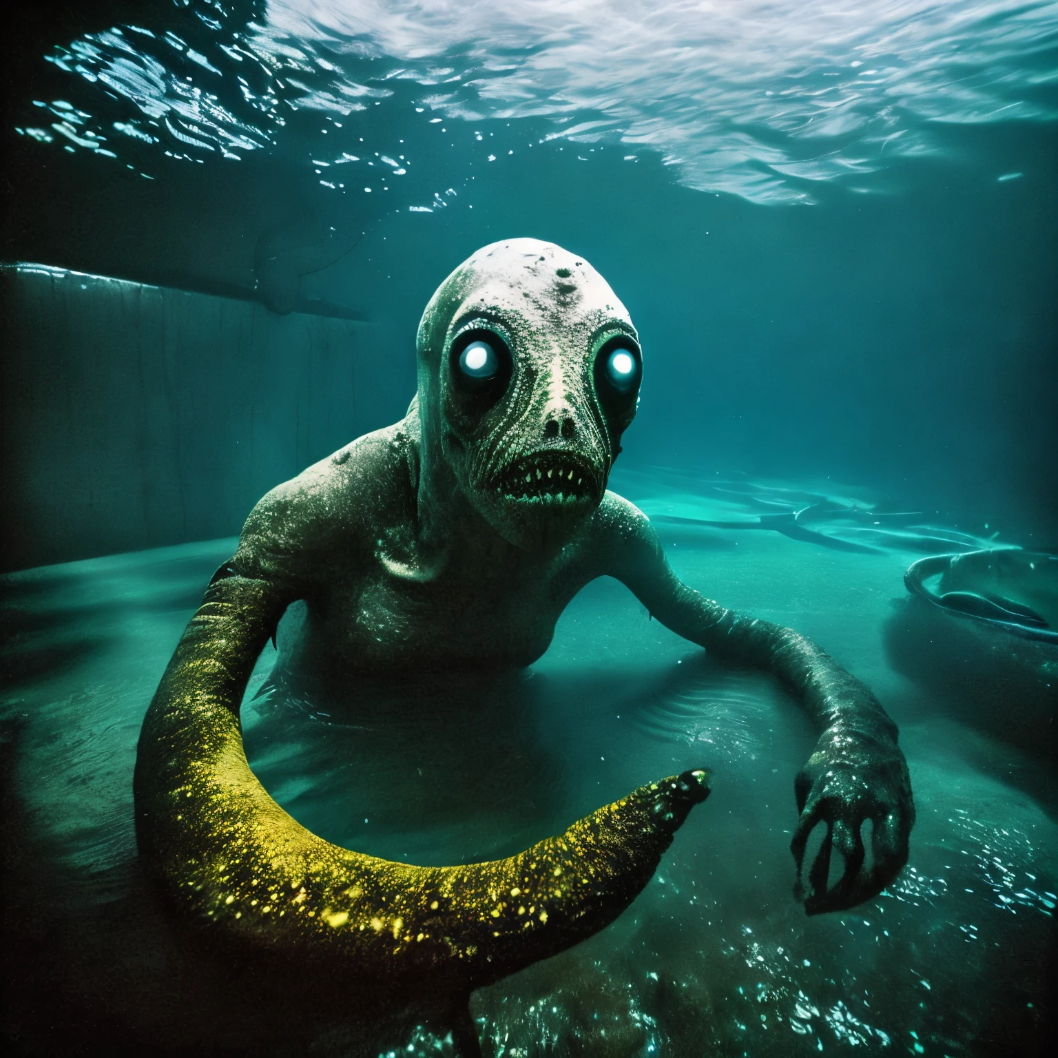 sea monster, pov underwater, visceral, unholy abomination, pale skin, dark yellowish water, foggy water, misty, dark, dramatic,'silent hill ', big eyes, terrifying, horrific, cinematic