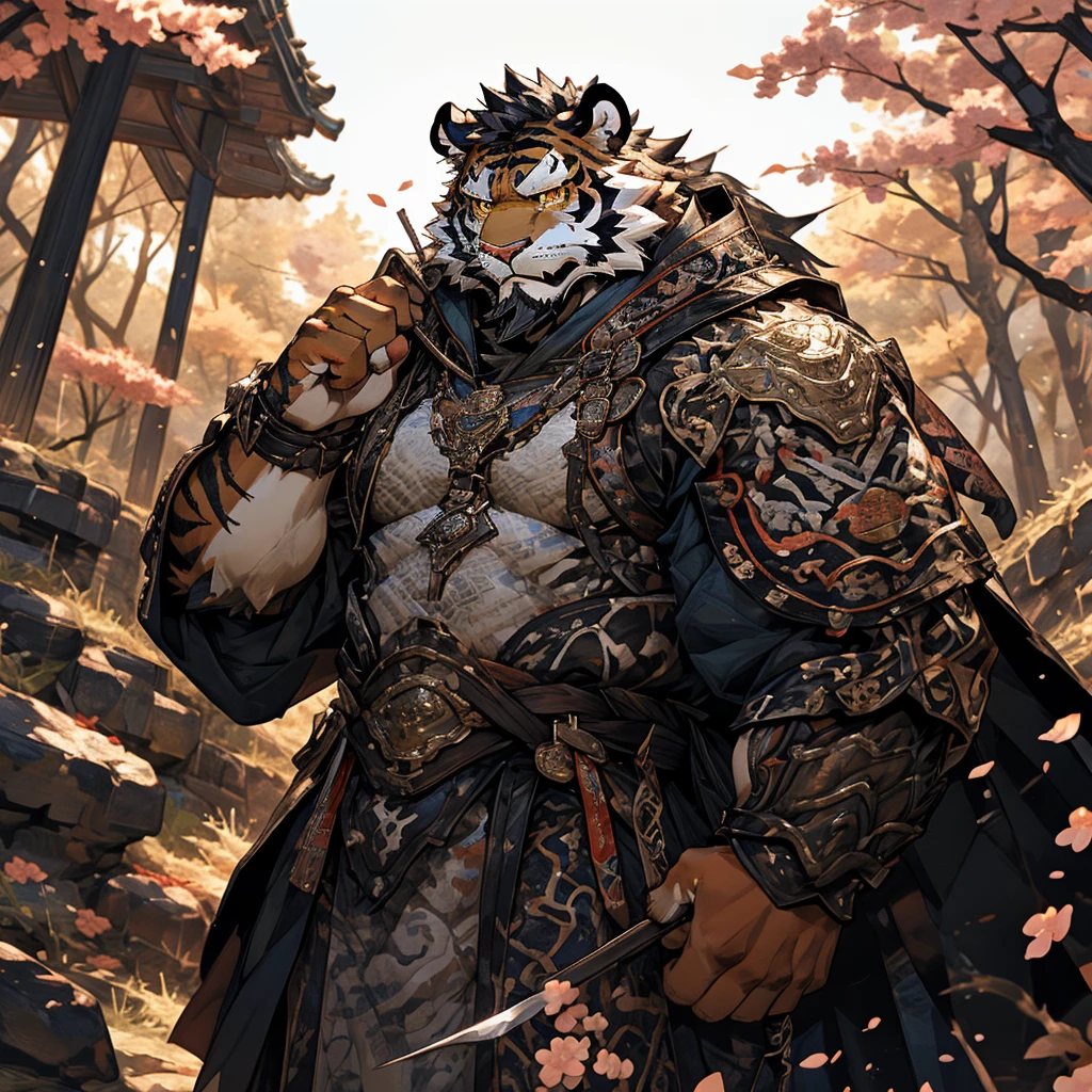 白色皮肤tiger),(黑白阴阳General战袍),Holding a long sword,坚Strong姿态,stand calmly,(The background is a dark forest covered with peach blossoms.:1.2),abdominal muscles,heroic posture飒爽,完美的masterpiece,Various facial details,distance perspective,specific description,masterpiece,CG,(golden eyes),black and white pattern,Crimson tail,General,heroic posture,tiger,black and white fur,specific facial details,Half body,(黑白阴阳General战履),(Chang Ling),((middle aged)),(Face focus),(16K),HD,black and white belly，wilderness,beard,(Noodles),different students,(Black and white yin and yang shirt),(Black and white hair),Strong,muscle,(High resolution:1.3),(Standing in the depths of the deserted peach blossoms),(close up),(Detailed face:1.5),Perfect details,(Half body),(facial detail depiction:1.5),(Zoom in on face:1.5),(白色Noodles:1.2),(黑色beard:1.3),(white face;1.6),white body