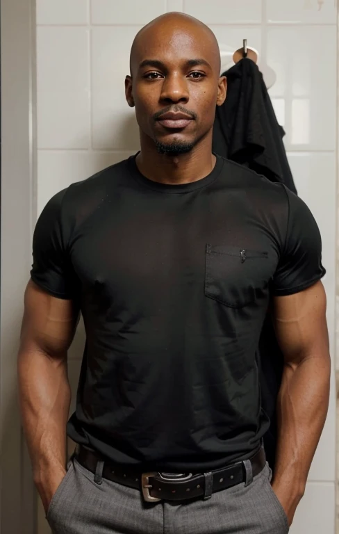 Nigerian man. Smooth and shiny Bald head. Mid 40's. Dark stubble, Rounder eyes. Crooked nose. Cleft chin. Square jaw. Muscular. Age lines in face. 3 , 3 5 years old old, skin porec skin, bald head, dark stubble, 5 o'clock Shadow, wearing a tight black T-shirt, tough looking man, prominent Adam's apple in neck, smirking, strong shoulders, smooth bald head, dense stubble, dark 5 o'clock Shadow on face, wearing a black T-shirt, smooth bald head, manly, blue jeans, mature and masculine face, black shirt, tough Nigerian man, muscular, lean abdomen with strong chest, has goatee and mustache, black man, very deep dark dark cocoa bean brown skin, African man, resembles Usain Bolt, wide nose, full lips, strong cocoa bean brown arms, bald head, blac pants, flat stomach, very thick mustache and goatee,