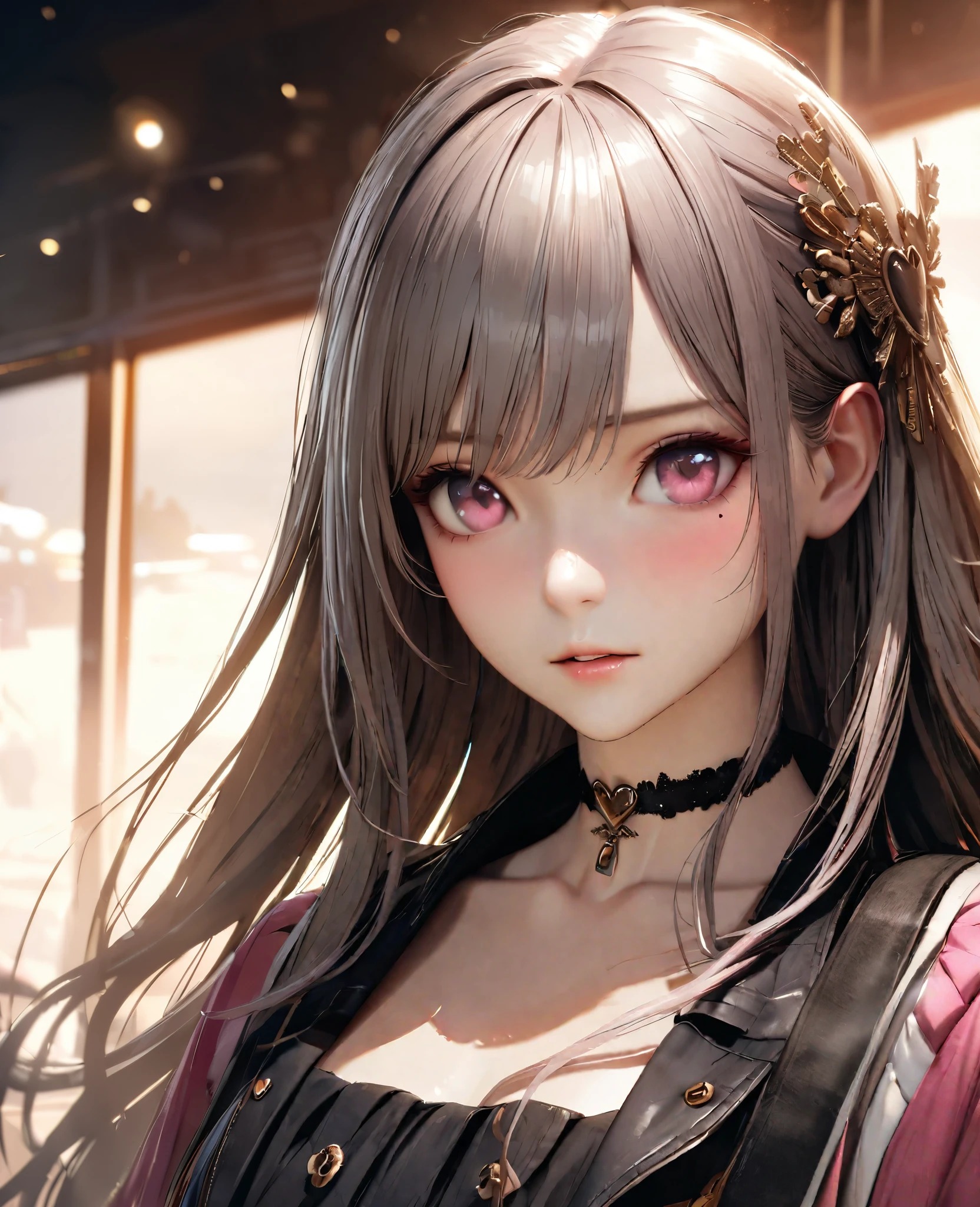 Masterpiece, Best Quality, Super Detailed, High Definition, Expensive Resolution, HDR, 4k, 8K, Unity 8k Wallpaper, Super Detailed CG, Masterpiece, Realistic, 2D, 3D, Beautiful Details, Depth, Fine Texture, Super Fine: 1.3, Complete concentration, crispy skin, him, very cute anime girl, high , expensive  semi-long hair, one girl, solo, Watch the audience,pink semi-long hair, high , mole under the eye, line of sight, expensive, blushing, parted closed lips, hair ornament, heart, pink eyes, choker