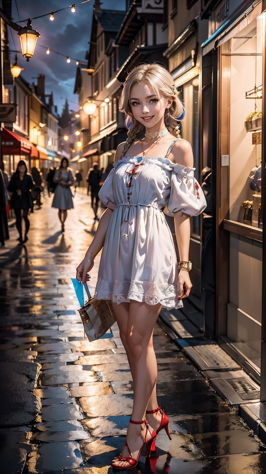 quality:1.0), (ultra high resolution:1.0) ,(realistic:1.0), (Super detailed:1.0), (8K, Raw photo:1.1), slender、Slender, muscular body that's toned like an athlete's、I don't want my head to disappear from the screen.、Wear accessories on your wrist、Wearing red nail polish、I have a peticure、cinematic lighting, sparkle 、aerial perspective((atmospheric perspective))、hair above one eye、Hair behind ears((hair behind ear))、Double braid in low position((low twin braids)、25 year old woman、Pale purple inner color((colored inner hair)、Brussels Old Town、cobblestone、1 woman、Tea Length Dresses((tea length dress))wear、Wear stiletto heels、Carry a handbag over one's shoulder、Lace choker、white people、blue eyes、platinum blonde、smile((smile))