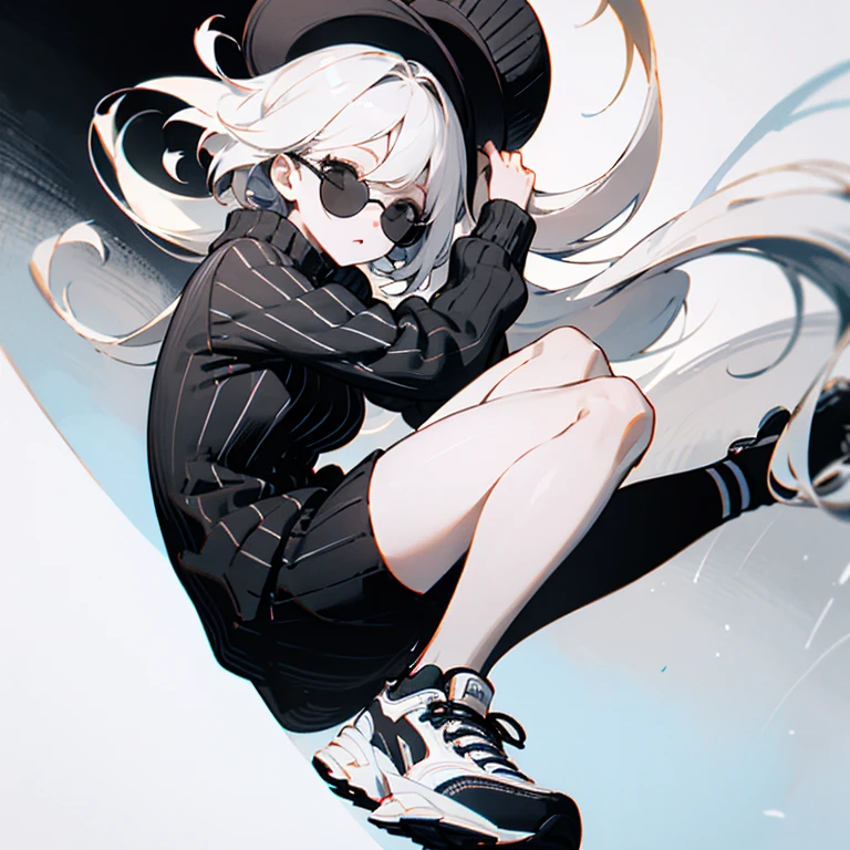 Cabello blanco, sombrero color negro, piel clara, gafas redondas, short negro, medias blancas, black sneakers and black sweater with gray vertical stripes