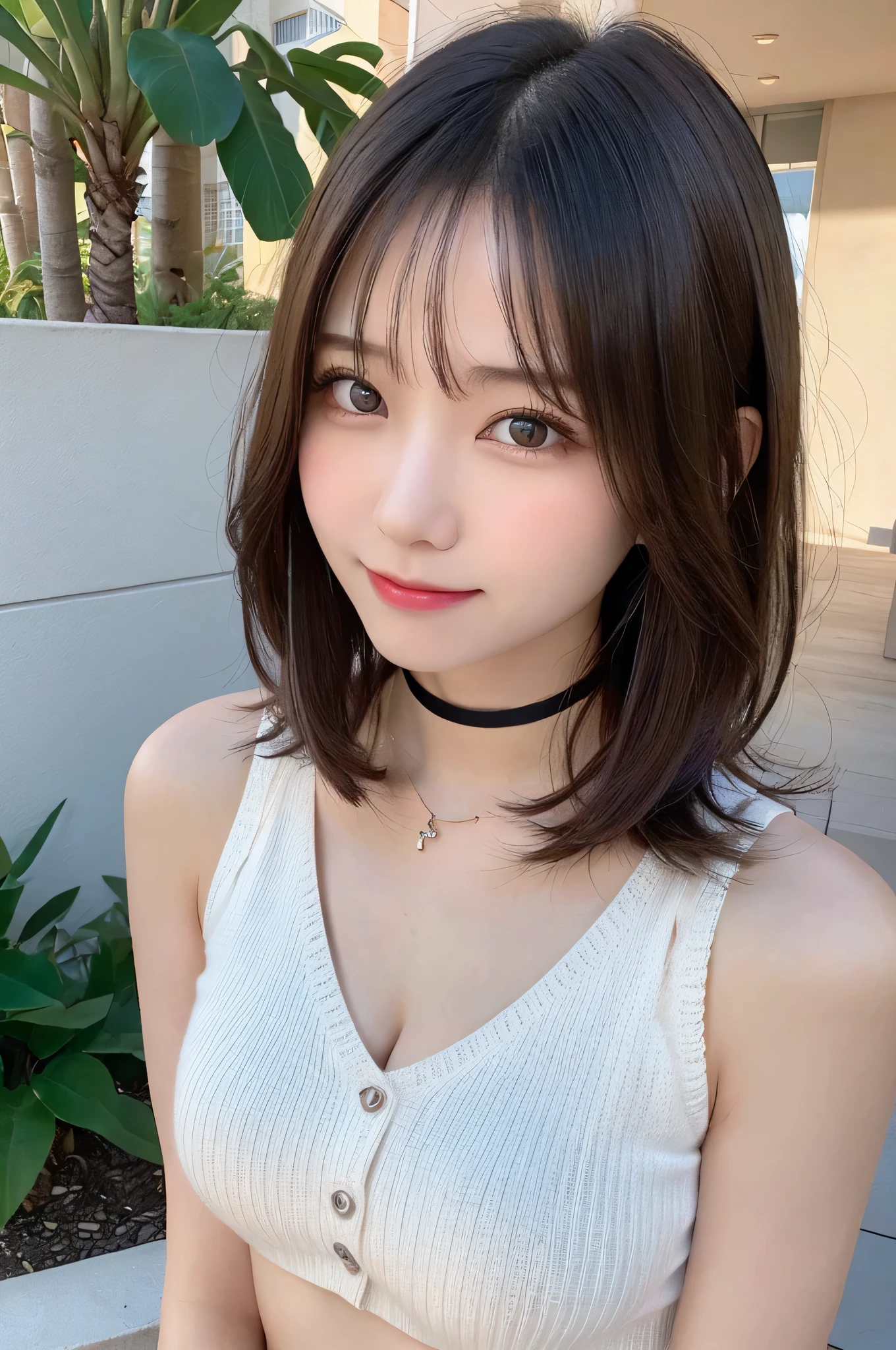 masutepiece, Best Quality, Photorealsitic, finely detail, hight resolution, 8K Wallpapers, Perfect dynamic composition, Beautiful detailed eyes, Medium Hair, large full breasts, Random and sexy poses,Bring your chest together、(Open Chest Crop Tank Top Knitwear Clear Clave,red)、(Breast bulge 1.2)、A smile、open open mouth、Resort scenery、25-years old、(Drooping eyes 1.4)、 Beauty、japanes,a choker