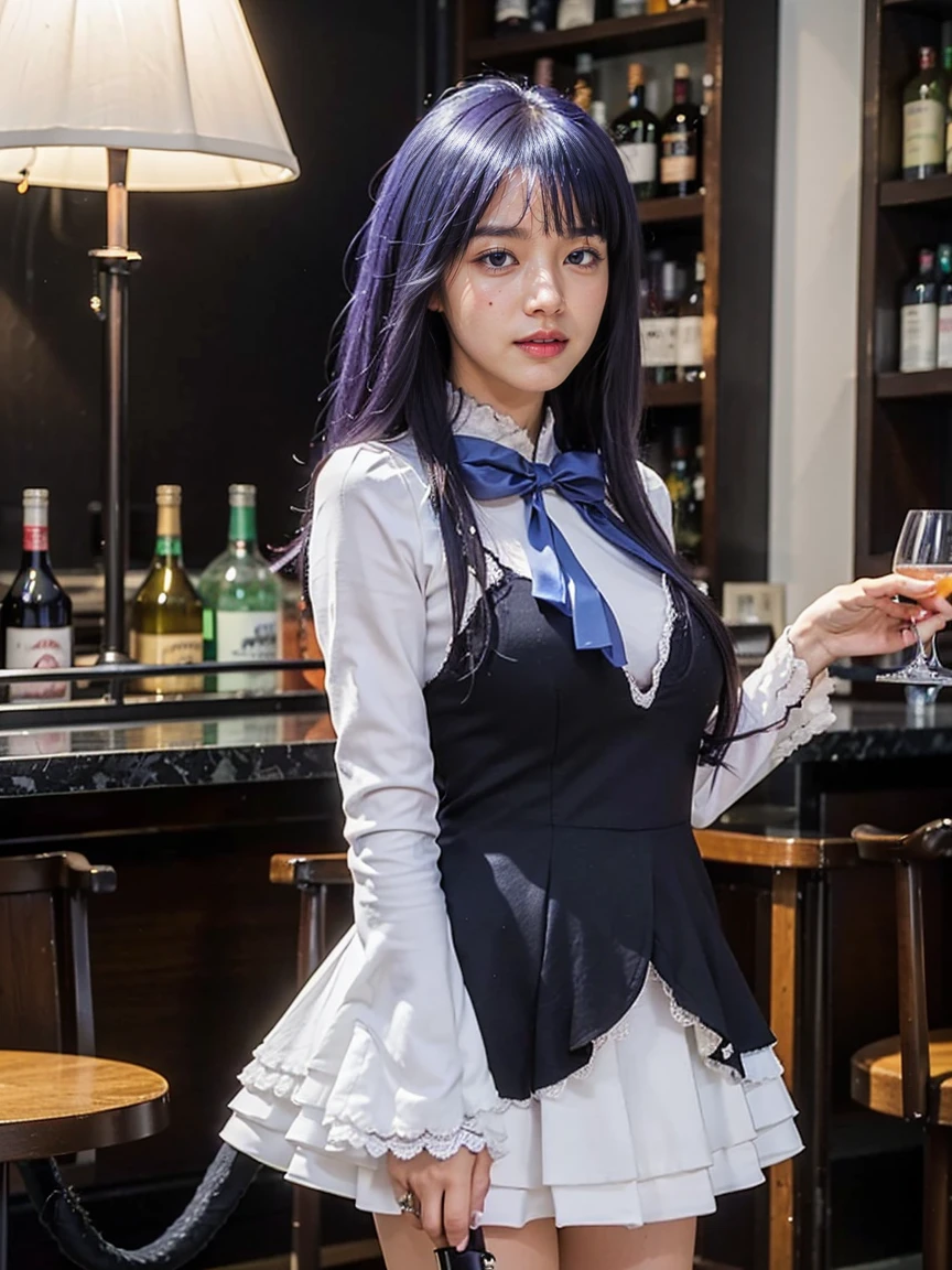 (1 lady), (Best quality at best:1.4), (ultra - detailed), (extremely detailed CG unified 16k), A Beautiful Woman with Perfect Figure: 1.4, Sharp Focus: 1.2, purple hair, very detailed, High-definition RAW color photo, professional photoshooting, amazing face and eyes, cosmetics, (amazingly beautiful girl), ((frederica bernkastel)), ((dress, bowtie, mary janes, socks, cat tail, tail bow, tail ornament)), standing, sexyposture,(Dark and stylish bar, drinks, lamp lights, lamp lights:1.3), (look from down), realistic cinematic face, head to feet long wide zoomed out view, full body long view, photorealistic, ((realistic natural purple hair style, purple eyes)), drinking whisky, gorgeous, extremely beautiful face, perfect model beauty, pout mouth, Highly Detailed Face and Skin Texture, Detailed Eyes, Double Eyelids, Big Breasts, Smile, flirting smile, cleavages, western, (masterpiece), best quality, high resolution, extremely detailed, blurred background, depth of field, cinematic lighting, amazing legs, high heels, clear and well-cared skin, (((focus on the girl instead of background, girl occupies most of the picture)))
