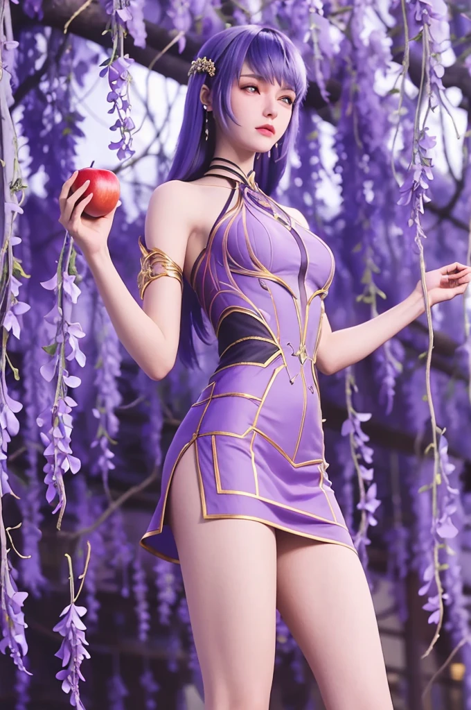 (((Under the wisteria tree stood a woman in a light purple dress))).full body,Lady with glowing floral tulle dress, Red hair,A woman holding an apple.