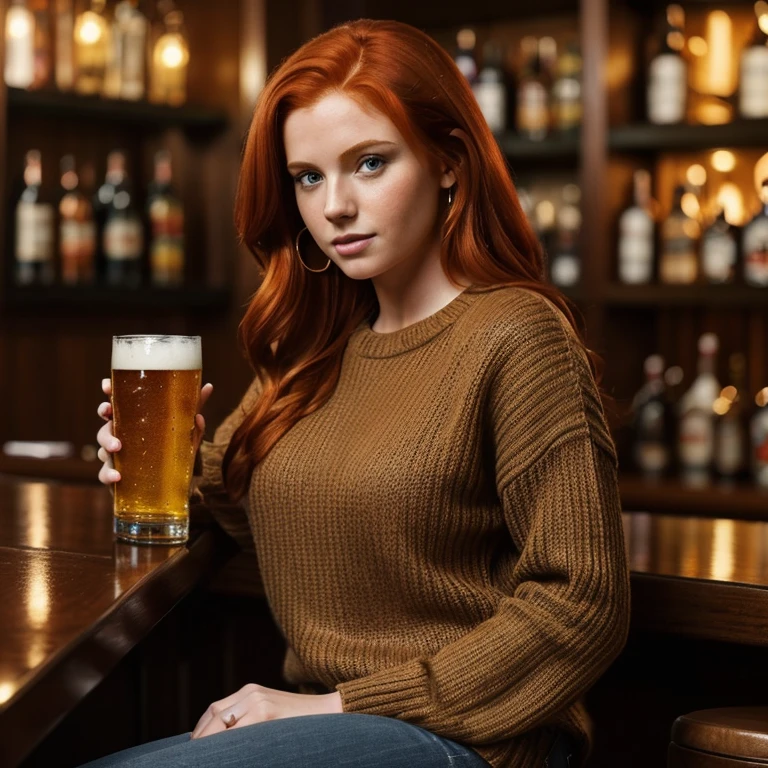 (((full medium shot))), (Masterpiece, best quality, ultra-detailed:1.3), (nice hands, perfect hands), official art, (1girl:1.3), adult, ginger woman with red hair in luxurious nightclub, sitting at the bar holding a beer, wearing a sweater and jeans