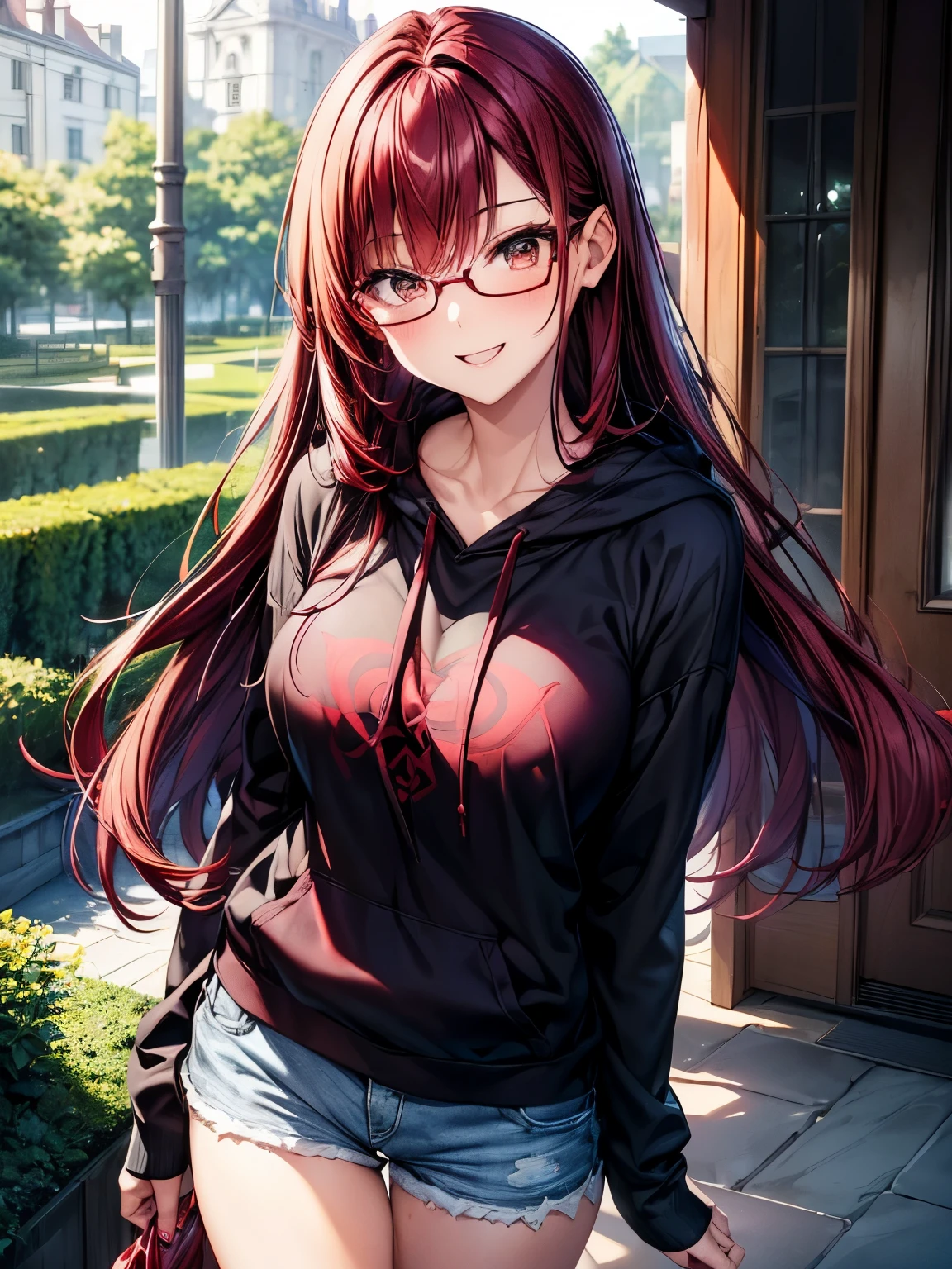 highest quality、nice sexy body、one woman、solo、((Beautiful busty woman:1.3))、((Woman with dark red hair:1.3))、straight hair woman、long hair woman、A woman wearing an oversized black hoodie、Woman wearing shorts、woman wearing glasses、garden、smiling woman