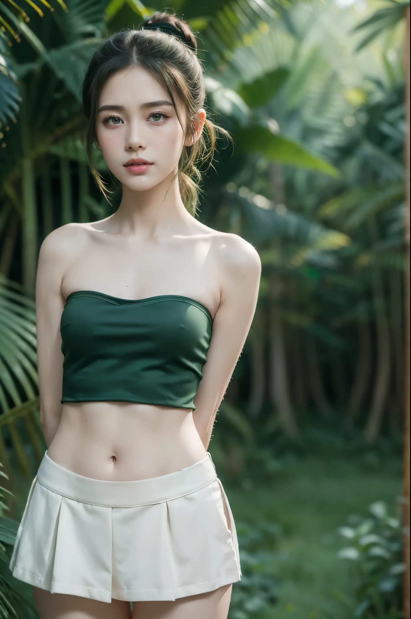 ((((8k))),((Extremely meticulous CG)) ,(wallpaper),16k,((Extremely refined and beautiful)),(((Masterpiece))),(((best qualtiy))),(((Ultra High Resolution))),beautiful light up,Perfect lightning,realistic shaded,((high resolution)),(Smooth and flawless skin:1.5),(Extremely exquisite facial details:1.2),(perfect body:1.2),(ultra-detailed),((A beautiful Cambodian girl,solo)),(small head:1.2),(dark green peaked cap:1.2),(pale skin:1.3),(short ponytail:1.3),(small face:1.2),(Exquisite makeup:1.2),((slim,thin)),(laughing:1.2),(happy:1.2),(small breasts:1.2),(flat chests:1.2),(strapless dark green tank top:1.5),(cleavage:1.3),(day scene:1.3),(In a tropical forest Field Camp full of rumdul:1.5),(outdoor:1.3),(Green tents:1.2),(detailed background:1.5),(standing:1.3),(arms behind back:1.3),(upper body:1.3),(from front:1.3)