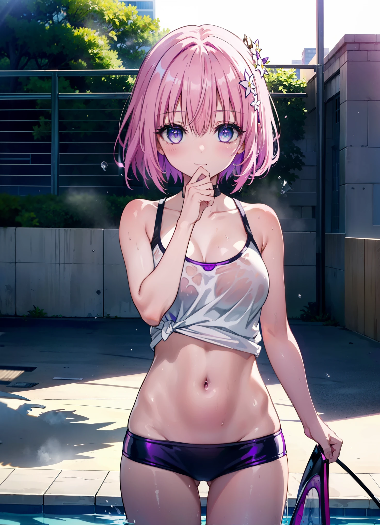 Momodeviluke, Deviluke type, demon tail, hair flower, hair ornaments, (purple eyes:1.1), pink hair, short hair, tail, smile,happy smile, smile, open your mouth,
break demon tail, green , school swimwear,wet hair,wet skin,barefoot,noon,Clear skies,
break ourdoors, School　pool,
break looking at viewer, (cowboy shot:1.5),
break (masterpiece:1.2), highest quality, High resolution, unity 8k wallpaper, (figure:0.8), (beautiful detailed eyes:1.6), extremely detailed face, perfect lighting, extremely detailed CG, (perfect hands, perfect anatomy),