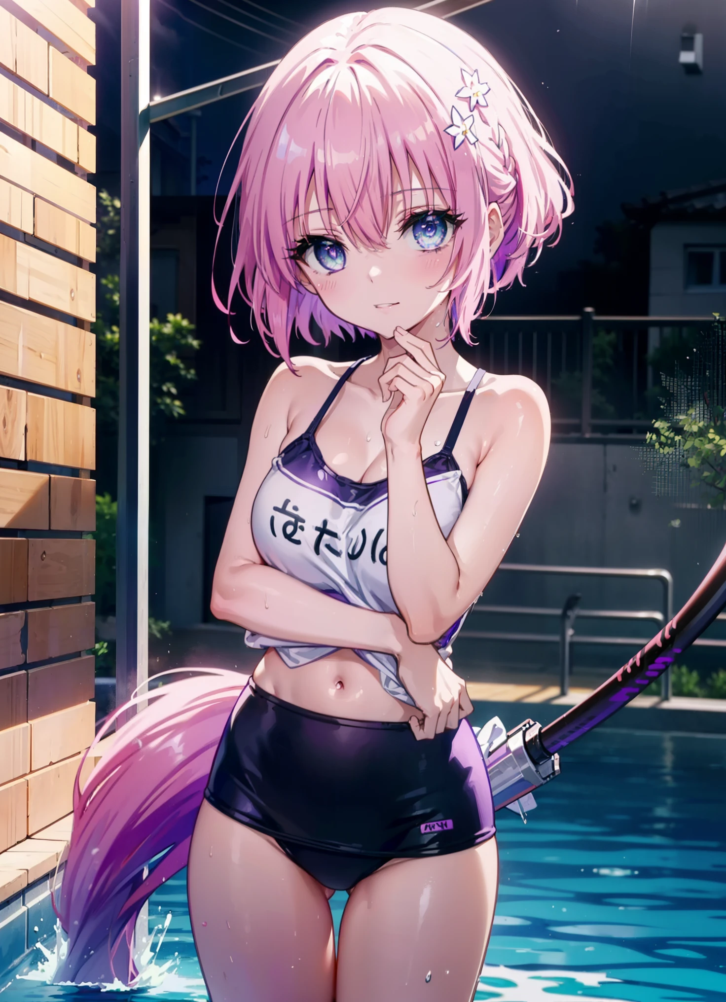 Momodeviluke, Deviluke type, demon tail, hair flower, hair ornaments, (purple eyes:1.1), pink hair, short hair, tail, smile,happy smile, smile, open your mouth,
break demon tail, green , school swimwear,wet hair,wet skin,barefoot,noon,Clear skies,
break ourdoors, School　pool,
break looking at viewer, (cowboy shot:1.5),
break (masterpiece:1.2), highest quality, High resolution, unity 8k wallpaper, (figure:0.8), (beautiful detailed eyes:1.6), extremely detailed face, perfect lighting, extremely detailed CG, (perfect hands, perfect anatomy),