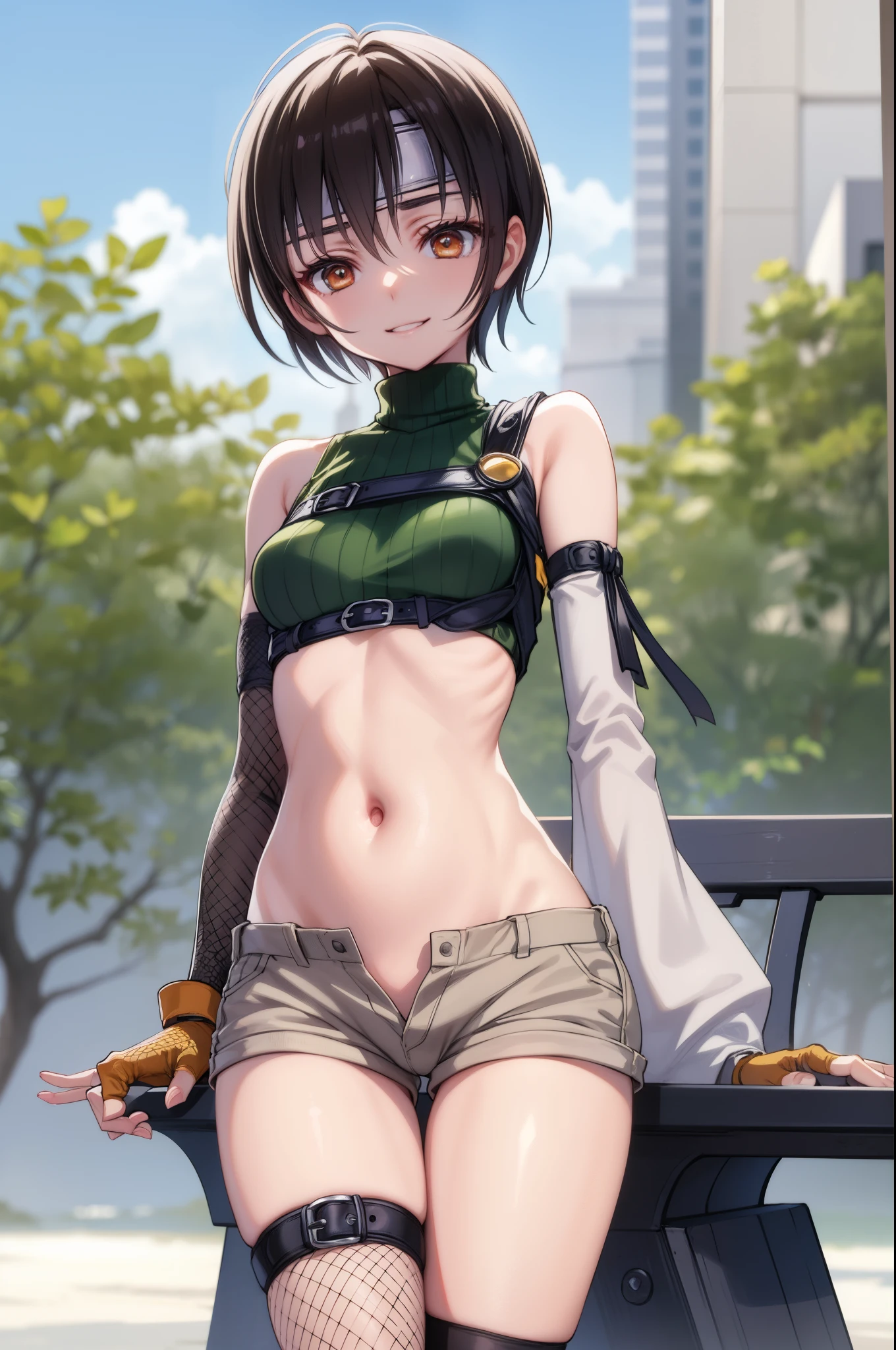 yuffiekisaragi, Yuffie Kisaragi,Haircuts, pixie cut,
壊す crop top, fingerless gloves, fishnet Thighhighs, fishnet, forehead protector, gloves, head band, belly button, short shorts, shorts, single sleeve, single thigh high, No sleeve, No sleeve turtleneck, Thighhighs, turtleneck,
bench、blue sky、smile, solo