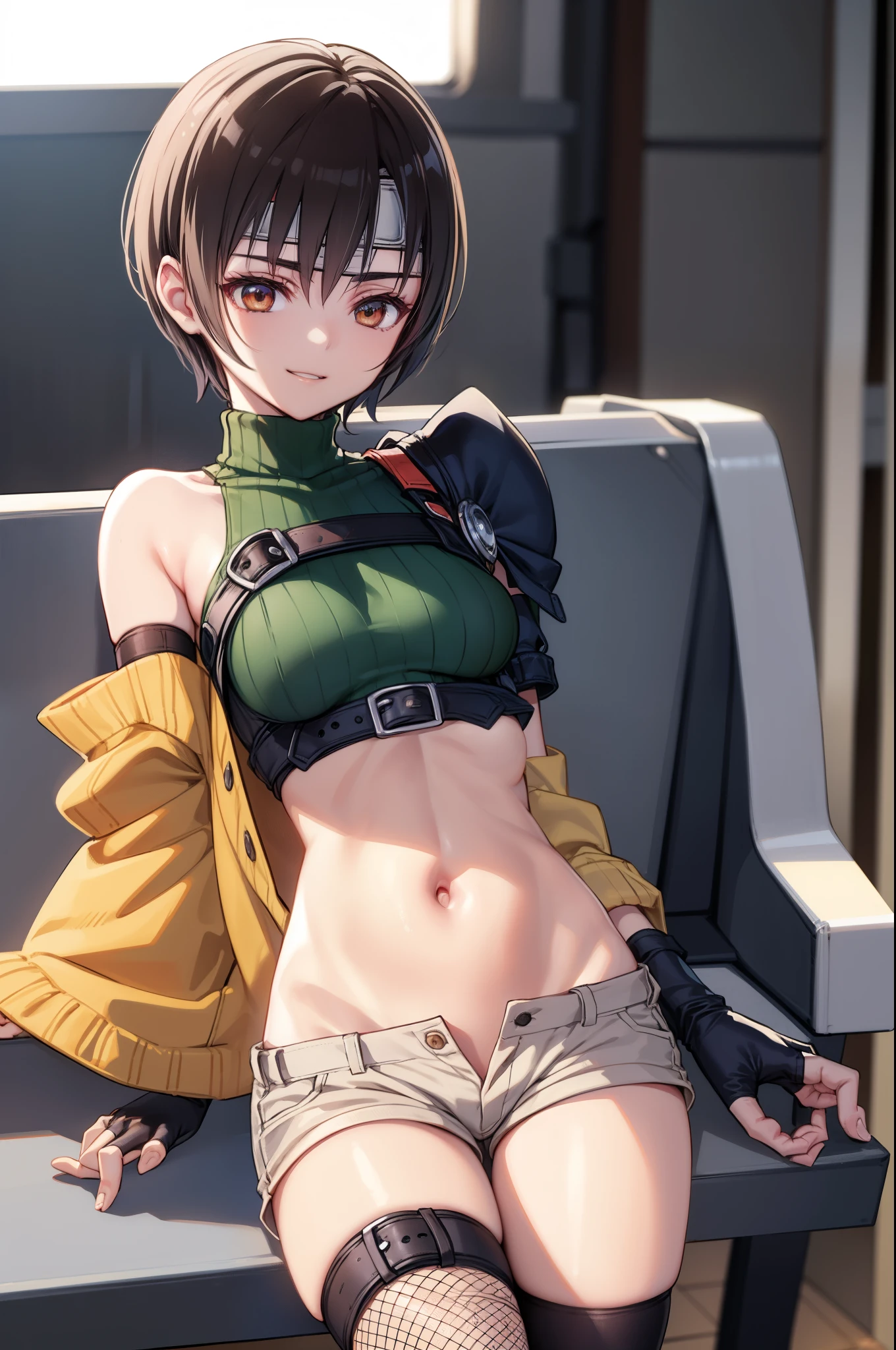 yuffiekisaragi, Yuffie Kisaragi,Haircuts, pixie cut,
壊す crop top, fingerless gloves, fishnet Thighhighs, fishnet, forehead protector, gloves, head band, belly button, short shorts, shorts, single sleeve, single thigh high, No sleeve, No sleeve turtleneck, Thighhighs, turtleneck,
bench、blue sky、smile, solo