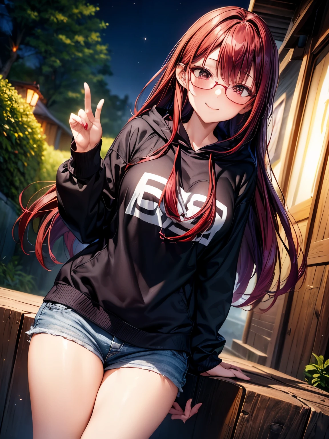 highest quality、nice sexy body、one woman、solo、((Beautiful busty woman:1.3))、((Woman with dark red hair:1.3))、straight hair woman、long hair woman、A woman wearing an oversized black hoodie、Woman wearing shorts、woman wearing glasses、garden、smiling woman、sexy pose