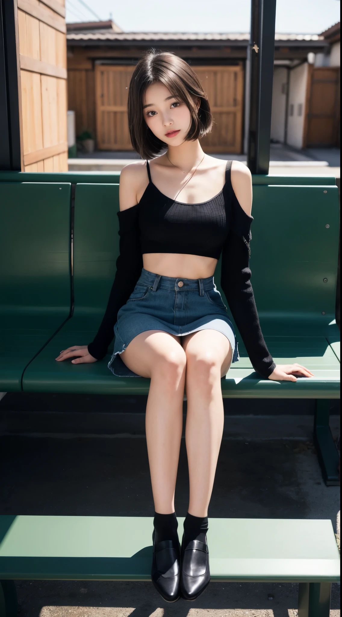 there is a woman sitting on a bench in a , a hyperreal high school girl, hyperreal high school girl, cute high school girl, real high school girl, beautiful high schoolgirl, wearing a skirt and high socks, stockings and skirt, clothing , , seductive anime girl, beautiful charming teen, japanese girl 、(((flat chest)))、short hair