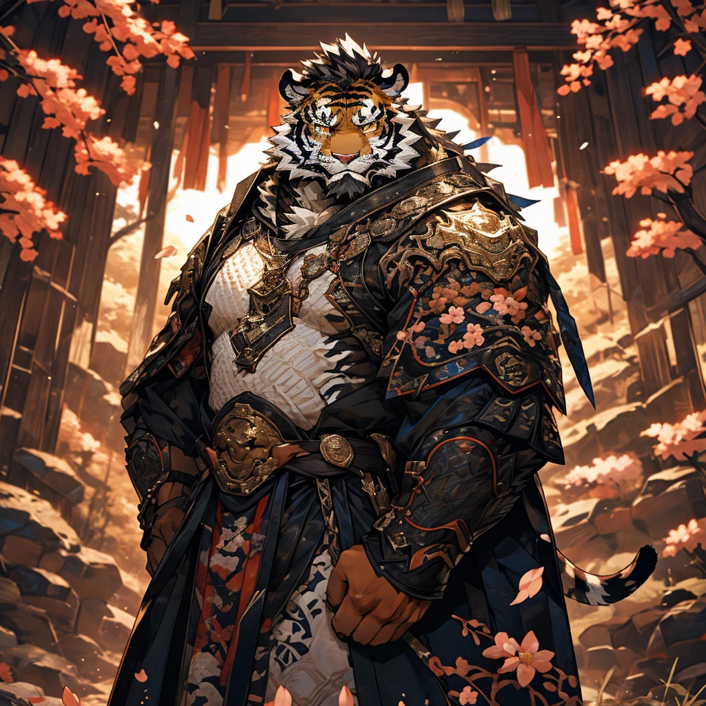 白色皮肤tiger),(黑白阴阳General战袍),Holding a long sword,坚Strong姿态,stand calmly,(The background is a dark forest covered with peach blossoms.:1.2),abdominal muscles,heroic posture飒爽,完美的masterpiece,Various facial details,distance perspective,specific description,masterpiece,CG,(golden eyes),black and white pattern,Crimson tail,General,heroic posture,tiger,black and white fur,specific facial details,Half body,(黑白阴阳General战履),(Chang Ling),((middle aged)),(Face focus),(16K),HD,black and white belly，wilderness,beard,(Noodles),different students,(Black and white yin and yang shirt),(Black and white hair),Strong,muscle,(High resolution:1.3),(Standing in the depths of the deserted peach blossoms),(close up),(Detailed face:1.5),Perfect details,(Half body),(facial detail depiction:1.5),(Zoom in on face:1.5),(白色Noodles:1.2),(黑色beard:1.3),(white face;1.6),white body