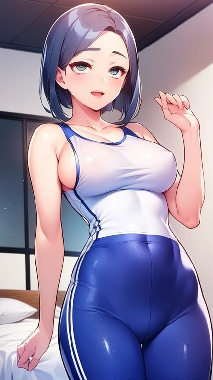 ((Top Quality, 8K, Masterpiece: 1.3)), 1 Girl, Slim, Brown-haired, Medium Bob, Big: 1.2, White Gym Clothes, Navy Blue Bloomers, (Ultra Slender Face, Delicate Eyes, Double Eyelids, Smile: 1.0), Bed, (Nipple Slip: 1.4), (Open Legs: 1.0), Hands Behind the Head,very large udder、