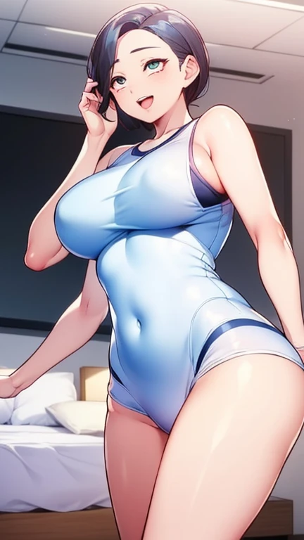 ((Top Quality, 8K, Masterpiece: 1.3)), 1 Girl, Slim, Brown-haired, Medium Bob, Big: 1.2, White Gym Clothes, Navy Blue Bloomers, (Ultra Slender Face, Delicate Eyes, Double Eyelids, Smile: 1.0), Bed, (Nipple Slip: 1.4), (Open Legs: 1.0), Hands Behind the Head,very large udder、