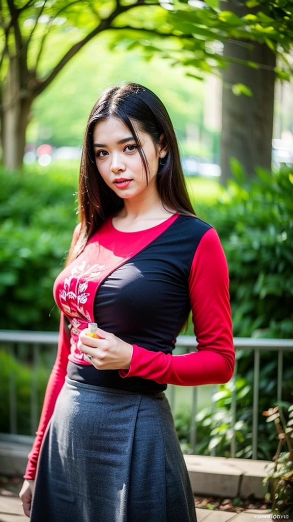 (8k, raw photos, realistic: 1.25), (Lip Balm, eyelash, shiny face, Shiny skin, best quality, Ultra high resolution, depth of field, Chromatic aberration, Moisturized lips, A specially trimmed face, Sparkling detailed eyes, black hair, semi-long, 1 girl, Wearing a shirt, red shirt, long-sleeved shirt, Wear a long skirt., red long skirt acm, printed skirt), (big breasts, Big breast , eye-catching breasts, big tits), outdoor, sunlight.