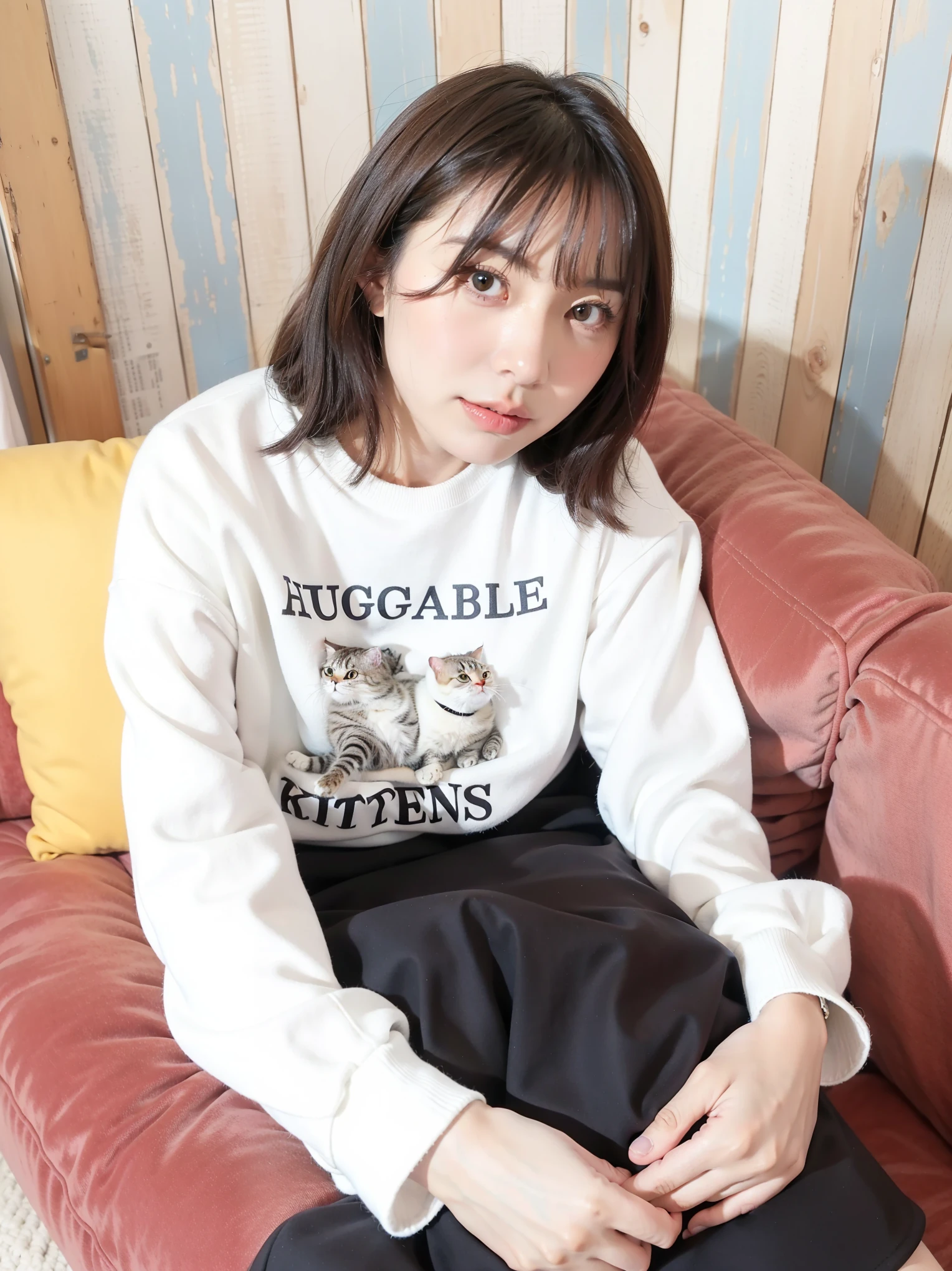 arafed woman sitting on a couch with a cat on a sweater, high resolution!!, adorable, high quality portrait, medium portrait, by Unkoku Togan, designed for cozy aesthetics!, with cats on her side, tsugumi ohba, by Hideyuki Kikuchi, cute cats, kittens, by Kamagurka, cute and cuddly