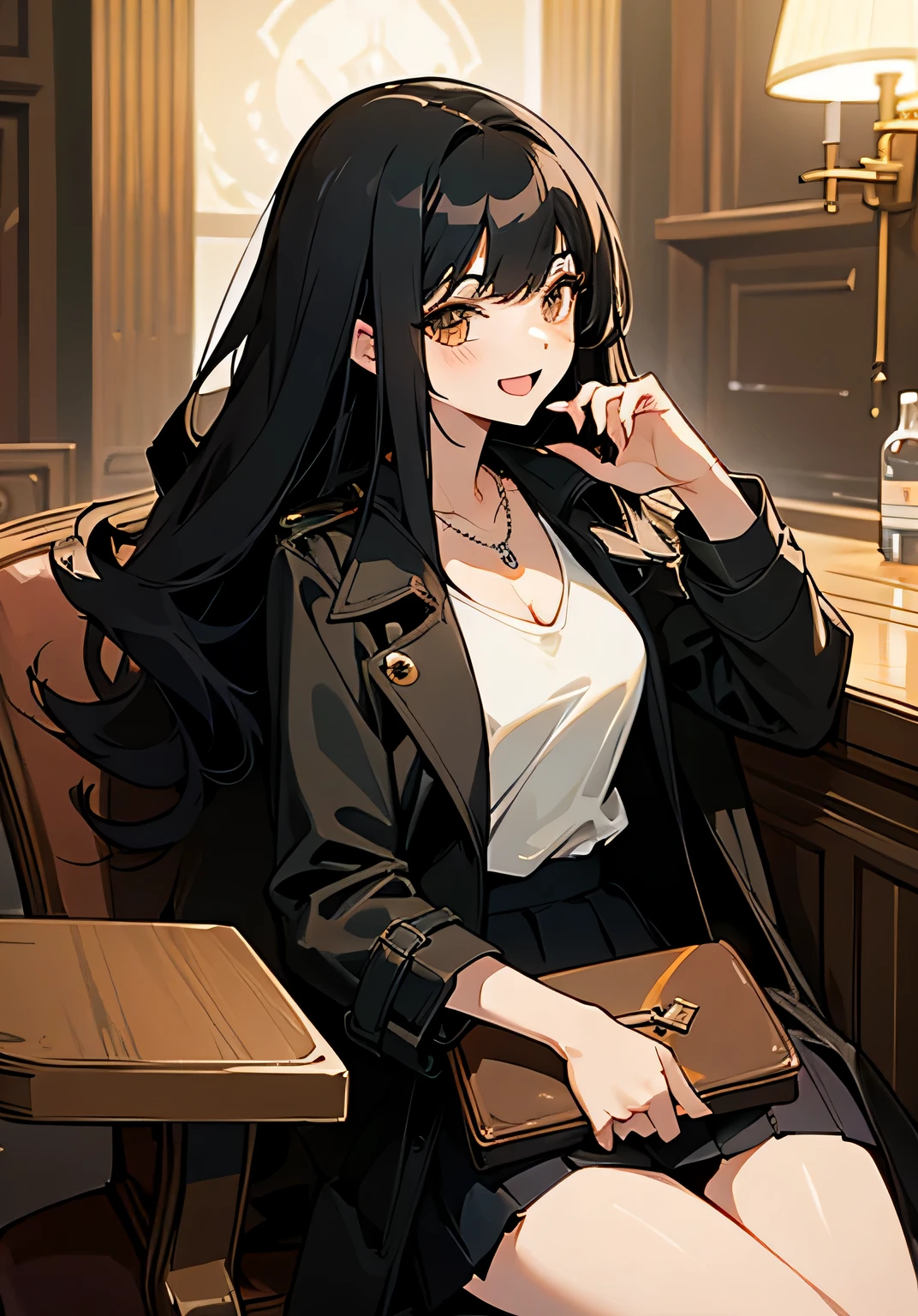 {best quality},Stylish bar counter、long black hair、25 year old female、Big beautiful breastischievous smile、open-mouth、trench coat、v-neck-tank top、skirt、necklace、clutch bag、Side view、cowboy shot、looking at the camera、sitting 、chair