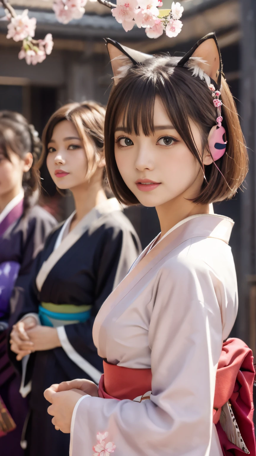 masterpiece, 4k, Bokeh, beautiful face, (multiple girls:1.4), Harem, group photo, (Cat ear:1.3), medium bob hair, pink , looking at the viewer, cherry blossoms, (KIMONO:1.4), cherry blossoms模様, upper body shot,