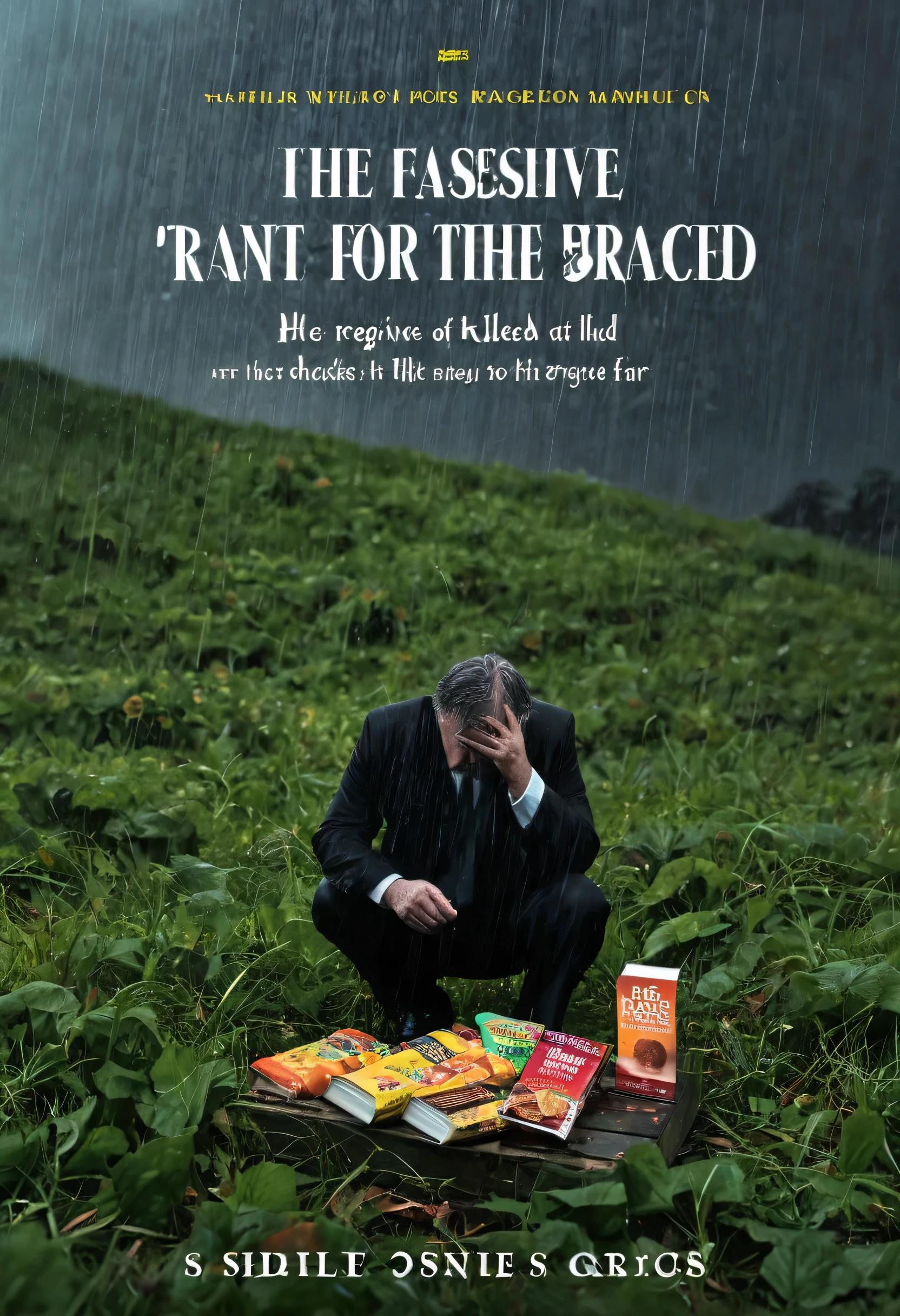 A book cover about an abusive father whom accidentally killed his and later regretted it. He bought expensive snacks for the dead one buried at the hop of the hill ad her begged for forgiveness under the heavy rain