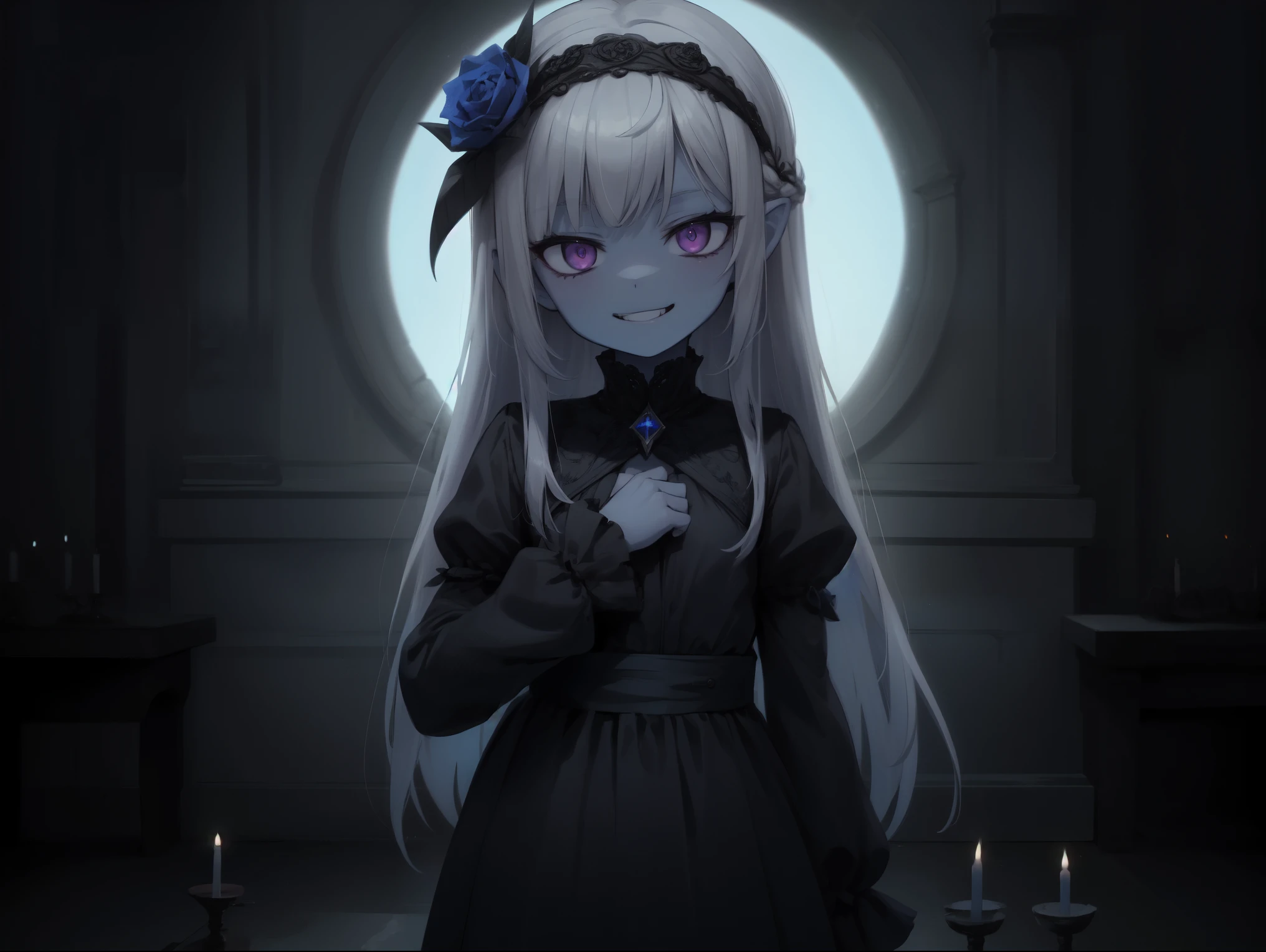 ((solo)), ((loli)), young, ???, solo, long hair, straight hair, white hair, purple eyes, ((blue skin, blue face, blue body)), flat chest, black necromancer gear, blue rose vine headband, ((standing)), ((evil smile)), (up close), purple aura, dark dungeon setting, ((dark room)), candles, Very good figure, cinematic lighting, volume lighting, bright tone, warm color, colorful, masterpiece, super detail, high quality, best quality, highres, 16k,