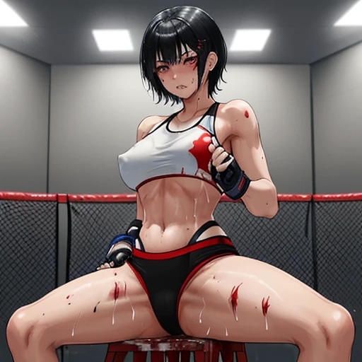 Beautiful female high school mixed martial artist covered in blood。After losing a match、Sitting in the waiting room、I'm in tears of regret。Disappointed、Hanging his head。Fighting inside the Octagon。I&#39;m soaked in sweat。open finger gloves。sports bra。bikini。erect nipples。black hair short cut。