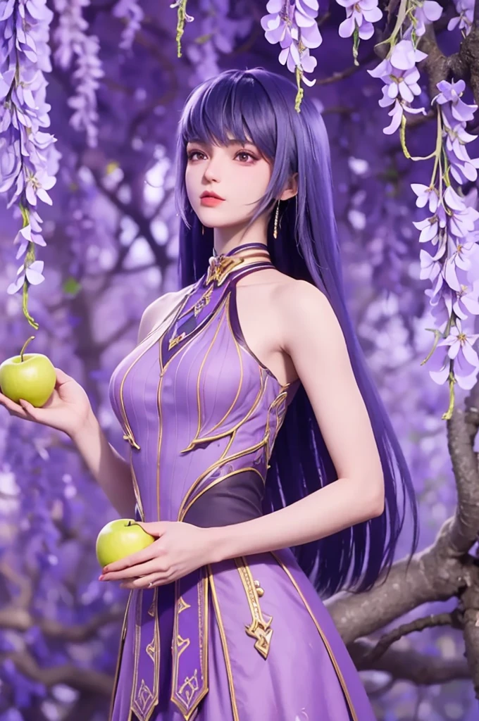 MLbb hero  na na, She  full body, black hair ,
(((Under the wisteria tree stood na  na in a light purple dress))).full body,Lady with glowing floral tulle dress, na  na holding an apple,,