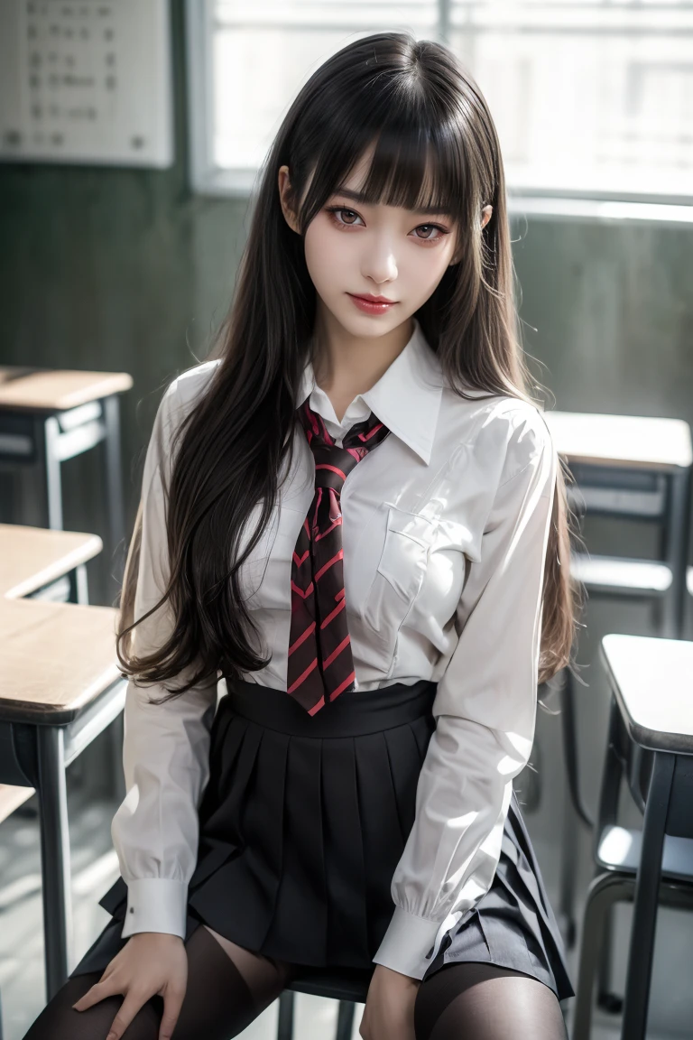 ultra high resolution、(((dull bangs, princess bangs))), (((very heavy,very voluminous bangs:1.1))),(((very length, very heavy,Very voluminous side locks:1.1))),, princess cut, Straight bang hairstyle, Round face with dull bangs, length, Dull Hair、bangs are cut straight,(masterpiece, highest quality:1.5), (Ultra-detailed 8K CG:1.4), (hyperrealistic:1.25), (Photorealistic:1.25), (realistic:1.4), cowboy shot, (Look above:1.35), (1 from the front.4), (smile1.3), one beautiful japanese girl, ************, Supermodel, japanese idol, (smile), big breasts, Sweat、(school uniform:1.5)、(sitting on a chair in the classroom)、emphasize cleavage、black hair:1.2、full body image、((real person:1.5))、を着て&#39;blazer、(black tights:1.2)、(from below:1.2)、(spread legs:1.2)