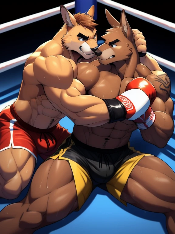 Duo male fighters(Brown Kangaroo vs Brown Kangaroo, handsomes, perfect eyes, Thick eyebrows), beso gay(Cuddling lying down embraced from behind in a boxing match, back perspective), hot(Full body, shirtless), handsomes(They are handsomes, correct anatomy), musculosos(Big muscle bodies, Six packs, muscle abs, big pecs, muscle legs, muscle backs), sweaty(very sweaty wet bodies), tatuajes(they have tattoos), Angry(They have an angry expression), Boxing gloves(They both are wearing boxing gloves), boxers(They are wearing shorts boxers), Hight resolution