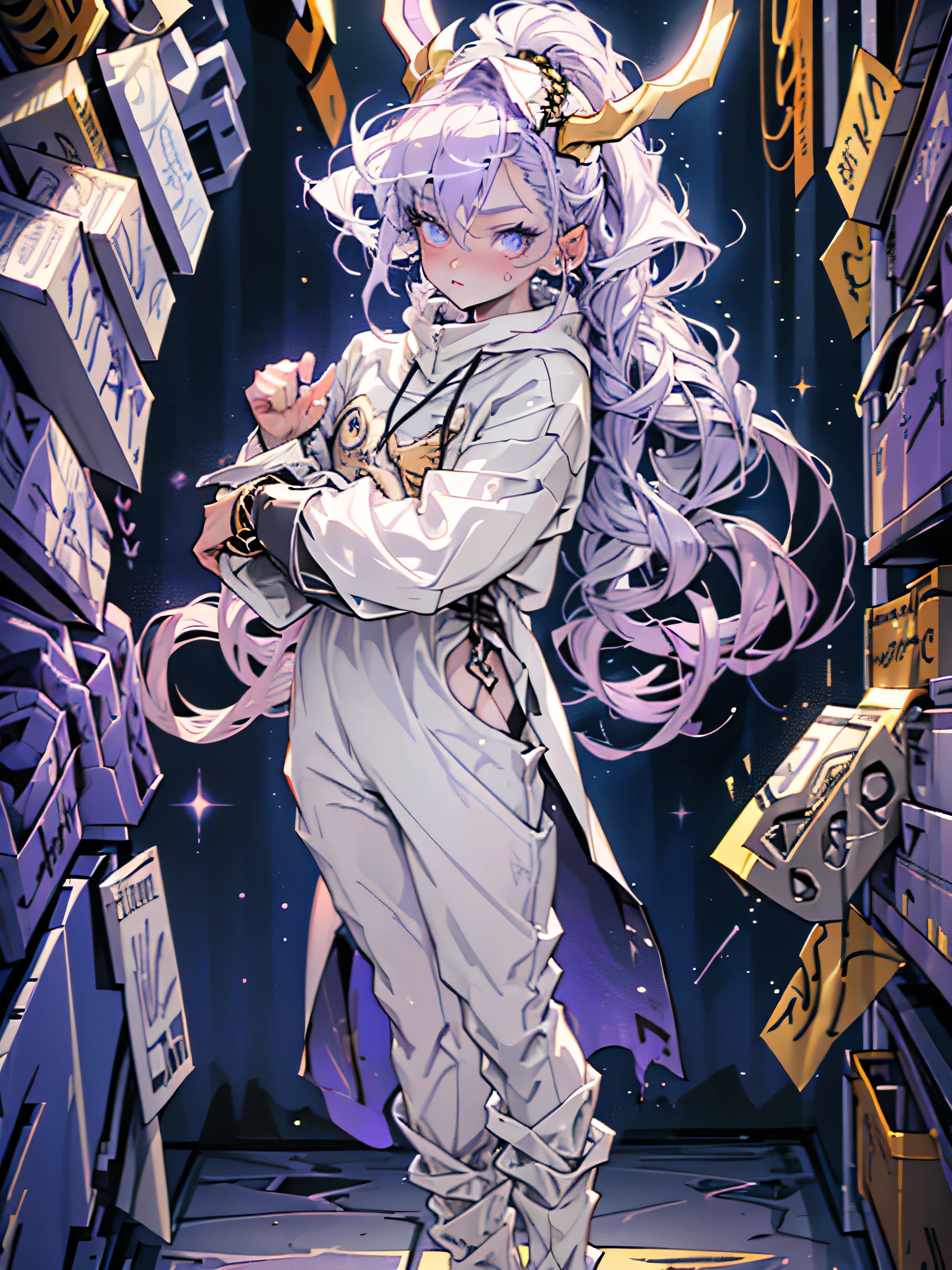 Boy Rabbit. dark lilac hair braided into a ponytail on the left side to one side. winding dark purple horns wrapped in dark purple ribbon. golden halo above your head. pale violet eyes. in short white shorts. long white T-shirt. white knee-high socks. white long cloak with a hood inside, dark lilac mantle with gold ornaments. concrete corridor. space