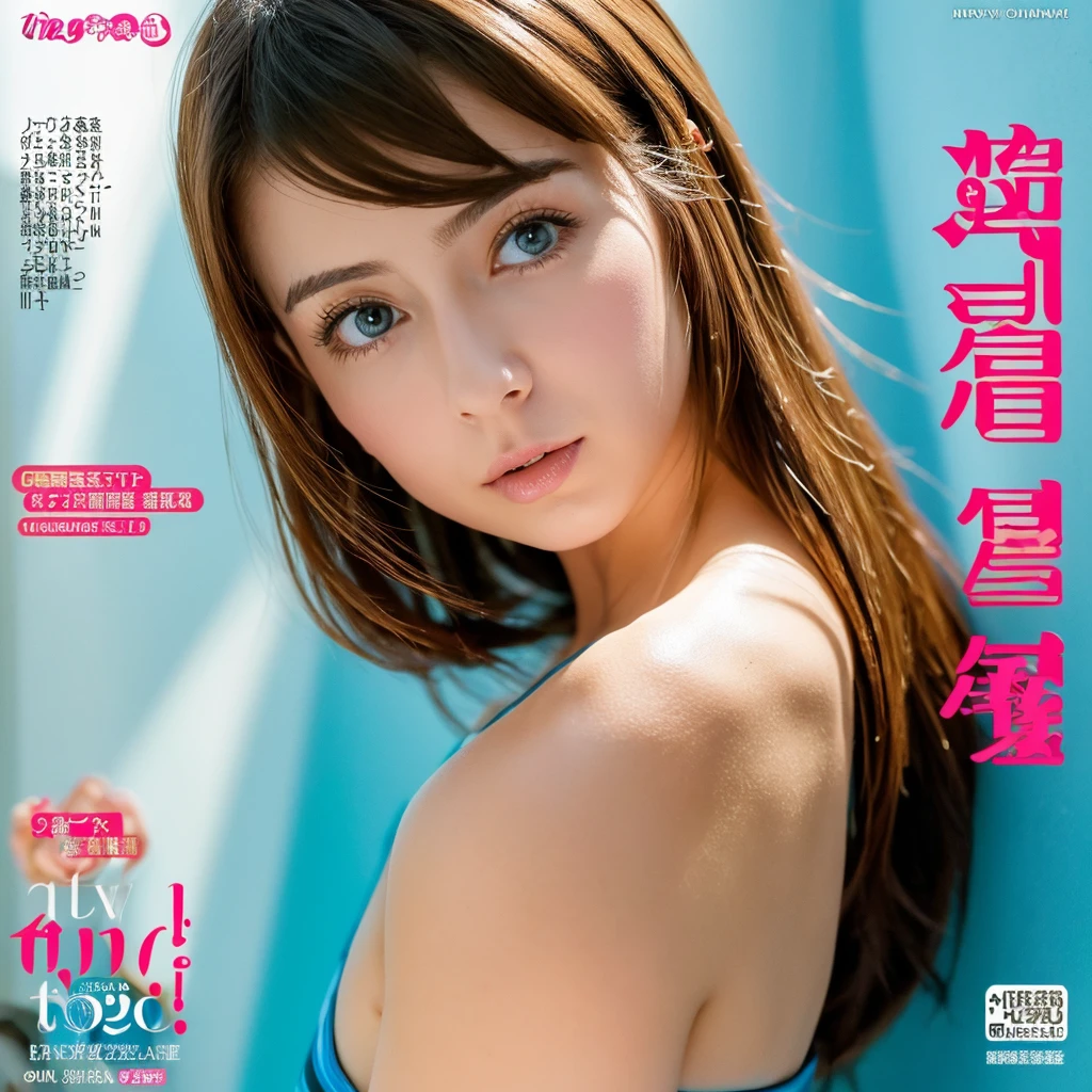 One woman,((cover/Erina Mano)),((light brawn hair)), sexy pose,blue eyes,((naughty experience)),((master peace)),((highest quality)),