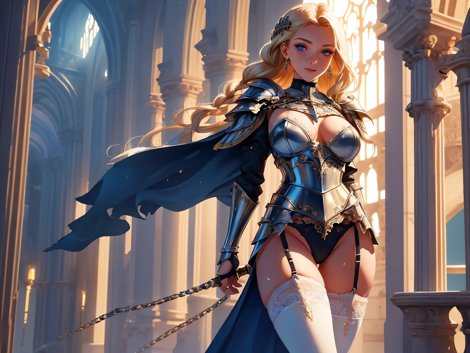 Master piece,best quality,ultra-detailed,valkyrie,(1 girl),beautiful mature face,panty shot,cameltoe,garter belt,seductive young woman,beautiful breasts,full body,standing,armored dress, Torn clothes,(blonde single braid),big blue glowing eyes, (beautiful detailed eyes), cute,cool,pale skin,lips, (holding ornate longsword),(white side-tie panties),fantasy cathedral,seductive and confident smile,(aroused),Choker with chains,sweat,stand,open legs,curvy body,blending sci-fi and fantasy elements, 