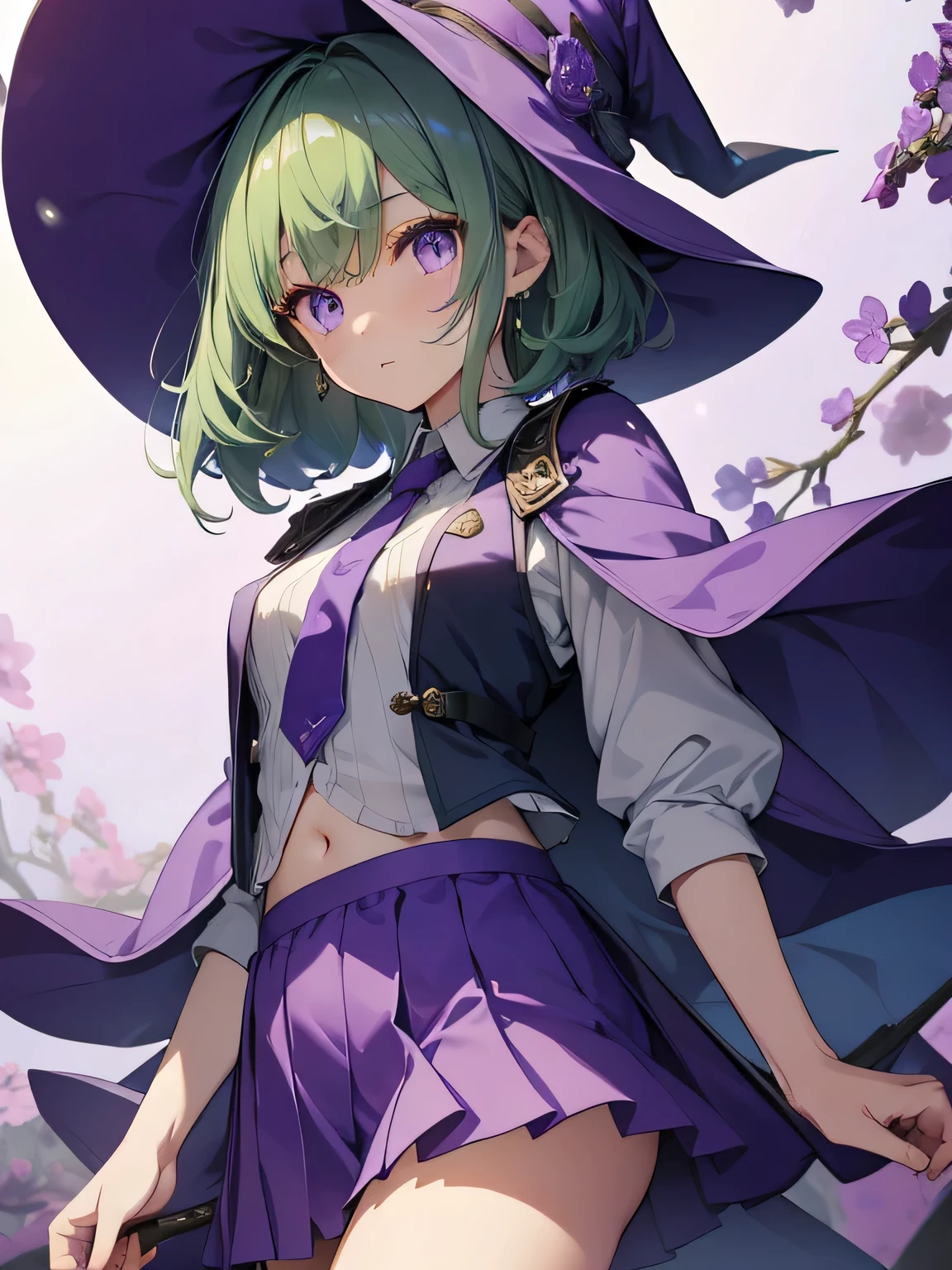 highest quality、very delicate and beautiful、(age girl)、beautiful eyes、beautiful eyes、purple eyes、green hair、short haired、(Purple Witch Hat)、Purple tie、I、short sleeve、purple skirt、tactical vest,purple wizard&#39;s robe、belly button、standing、facing the front