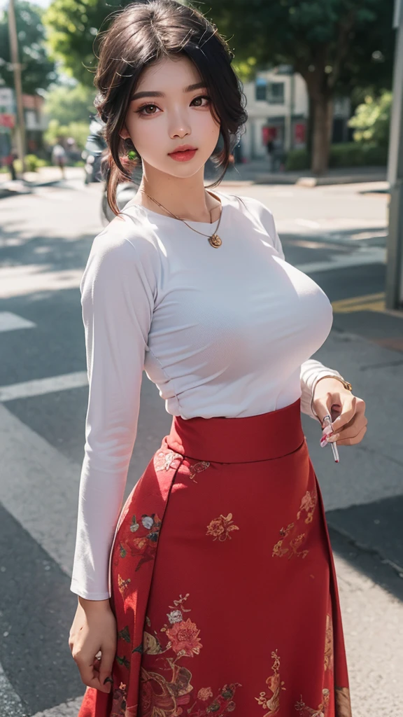(8k, raw photos, realistic: 1.25), (Lip Balm, eyelash, shiny face, Shiny skin, best quality, Ultra high resolution, depth of field, Chromatic aberration, Moisturized lips, A specially trimmed face, Sparkling detailed eyes, black hair, semi-long, 1 girl, Wearing a shirt, red shirt, long-sleeved shirt, Wear a long skirt., red long skirt acm, printed skirt), (big breasts, Big breast , eye-catching breasts, big tits), outdoor, sunlight.