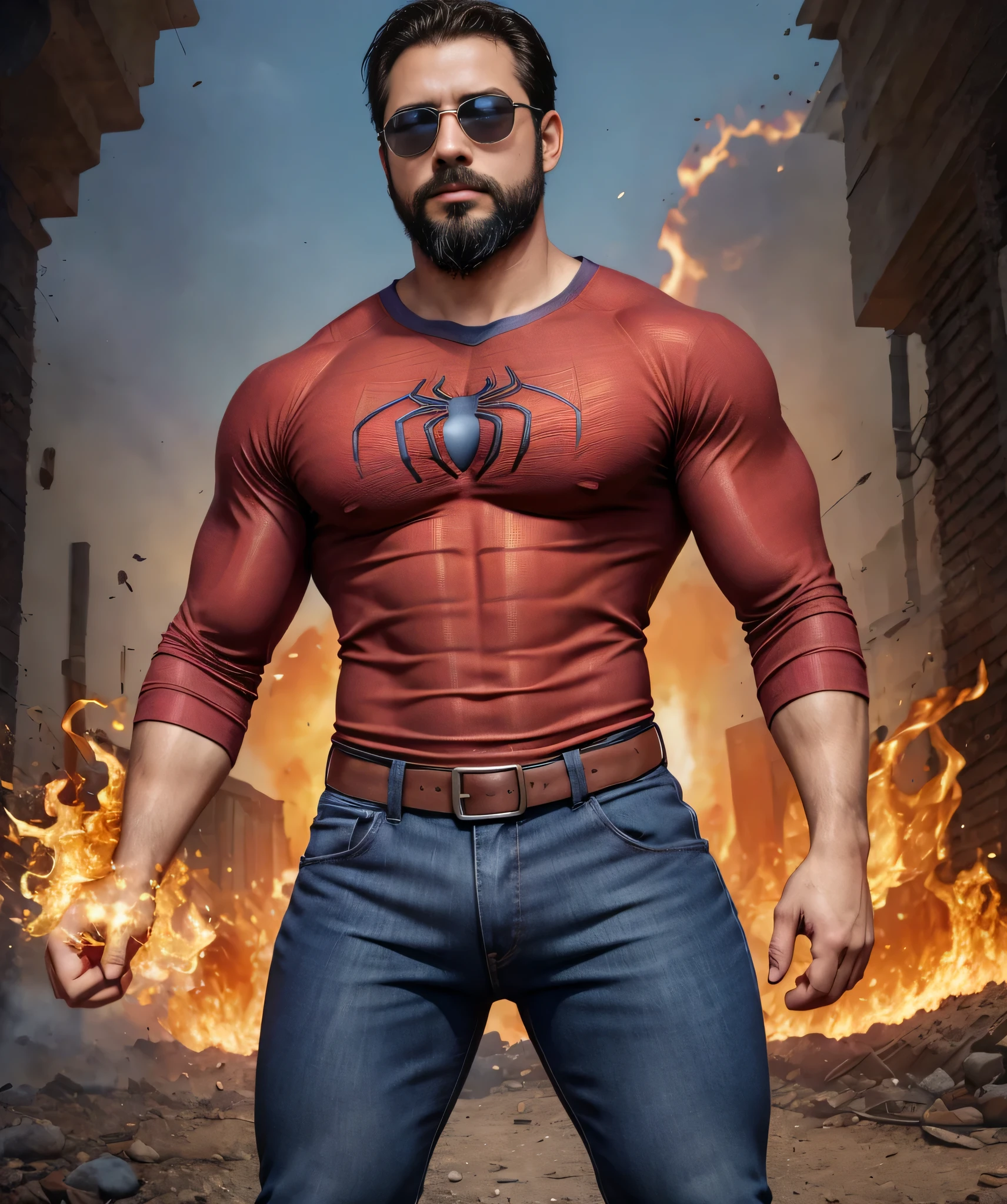 Obra maestra, desenfoque de campo, Parte superior del cuerpo, Hands in pants pockets, 38 year old man with beard and square sunglasses. Man wearing a shirt with a color gradient in Spiderman movie with a firestorm in the background.