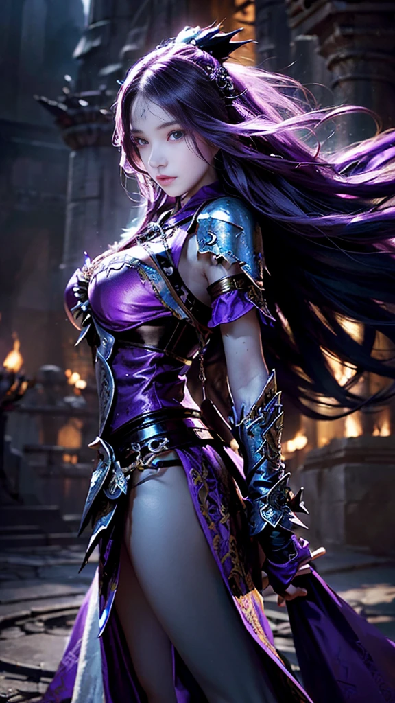 model shoot, (1 girl), long hair, (fantasy warrior:1.5), purple outfit, laces, shining:1.5, hyper realistic, super detailed, Dynamic shot, masterpiece, scene sharp détails, perfect eyes, perfect skin, perfect hands, attractive poses,