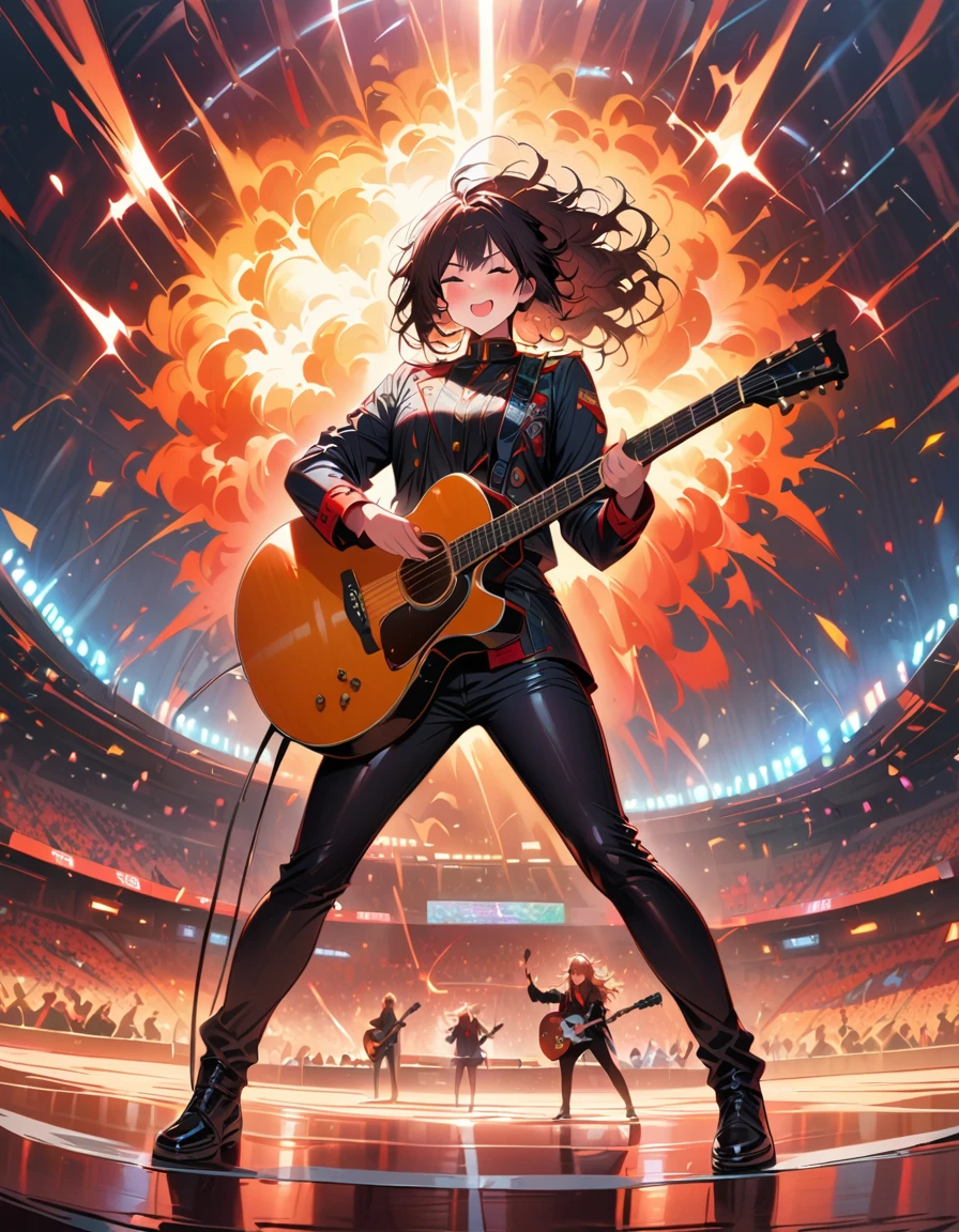 (best quality,4K,8K,high resolution,masterpiece:1.2),Super detailed,(actual,photoactual,photo-actual:1.37),rock star,singer,Guitar,Uniform,Black,tight,golden accents,spacewalk,hysterical singing,Stage lighting,rebellious,glitch art,bright colors,Energetic performance,electric atmosphere,loud music,screaming fans,Huge speakers,Fiery explosion,dynamic poses,Smoke and fog effects,expressive face,rotating lights,Flash,dark background,edgy style,wild hair,microphone stand,Guitar声音失真,rock music,Celebrity,电Guitar独奏,huge concert stage,strut on stage,Condescending,Emotional intensity,Loud and heavy drum beat,Electric energy,Stage fireworks,Powerful vocal performance,the stadium has a full crowd,thousands of fans,Roaring crowd,flash,electric atmosphere,sweaty and Energetic performance,legendary figures,Acting skills,standing ovation