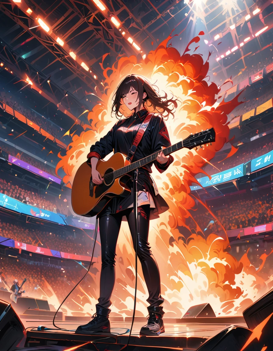 (best quality,4K,8K,high resolution,masterpiece:1.2),Super detailed,(actual,photoactual,photo-actual:1.37),rock star,singer,Guitar,Uniform,Black,tight,golden accents,spacewalk,hysterical singing,Stage lighting,rebellious,glitch art,bright colors,Energetic performance,electric atmosphere,loud music,screaming fans,Huge speakers,Fiery explosion,dynamic poses,Smoke and fog effects,expressive face,rotating lights,Flash,dark background,edgy style,wild hair,microphone stand,Guitar声音失真,rock music,Celebrity,电Guitar独奏,huge concert stage,strut on stage,Condescending,Emotional intensity,Loud and heavy drum beat,Electric energy,Stage fireworks,Powerful vocal performance,the stadium has a full crowd,thousands of fans,Roaring crowd,flash,electric atmosphere,sweaty and Energetic performance,legendary figures,Acting skills,standing ovation