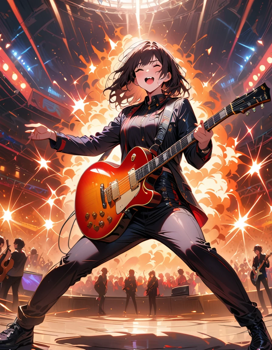 (best quality,4K,8K,high resolution,masterpiece:1.2),Super detailed,(actual,photoactual,photo-actual:1.37),rock star,singer,Guitar,Uniform,Black,tight,golden accents,spacewalk,hysterical singing,Stage lighting,rebellious,glitch art,bright colors,Energetic performance,electric atmosphere,loud music,screaming fans,Huge speakers,Fiery explosion,dynamic poses,Smoke and fog effects,expressive face,rotating lights,Flash,dark background,edgy style,wild hair,microphone stand,Guitar声音失真,rock music,Celebrity,电Guitar独奏,huge concert stage,strut on stage,Condescending,Emotional intensity,Loud and heavy drum beat,Electric energy,Stage fireworks,Powerful vocal performance,the stadium has a full crowd,thousands of fans,Roaring crowd,flash,electric atmosphere,sweaty and Energetic performance,legendary figures,Acting skills,standing ovation