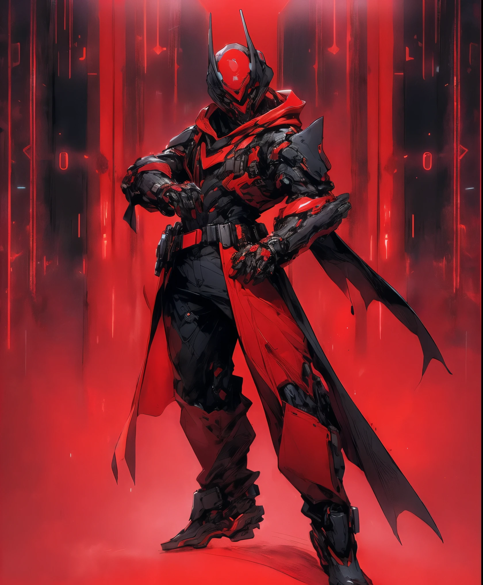 a man in a red jacket and black pants standing in a dark room, wearing cultist red robe, crimson attire, character from mortal kombat, as a character in tekken, fighting game character, cyberpunk assassin, red hooded mage, cyberpunk outfits, crimson clothes, the red ninja, wearing leather assassin armor, an edgy teen assassin, cool red jacket, cyberpunk street goon